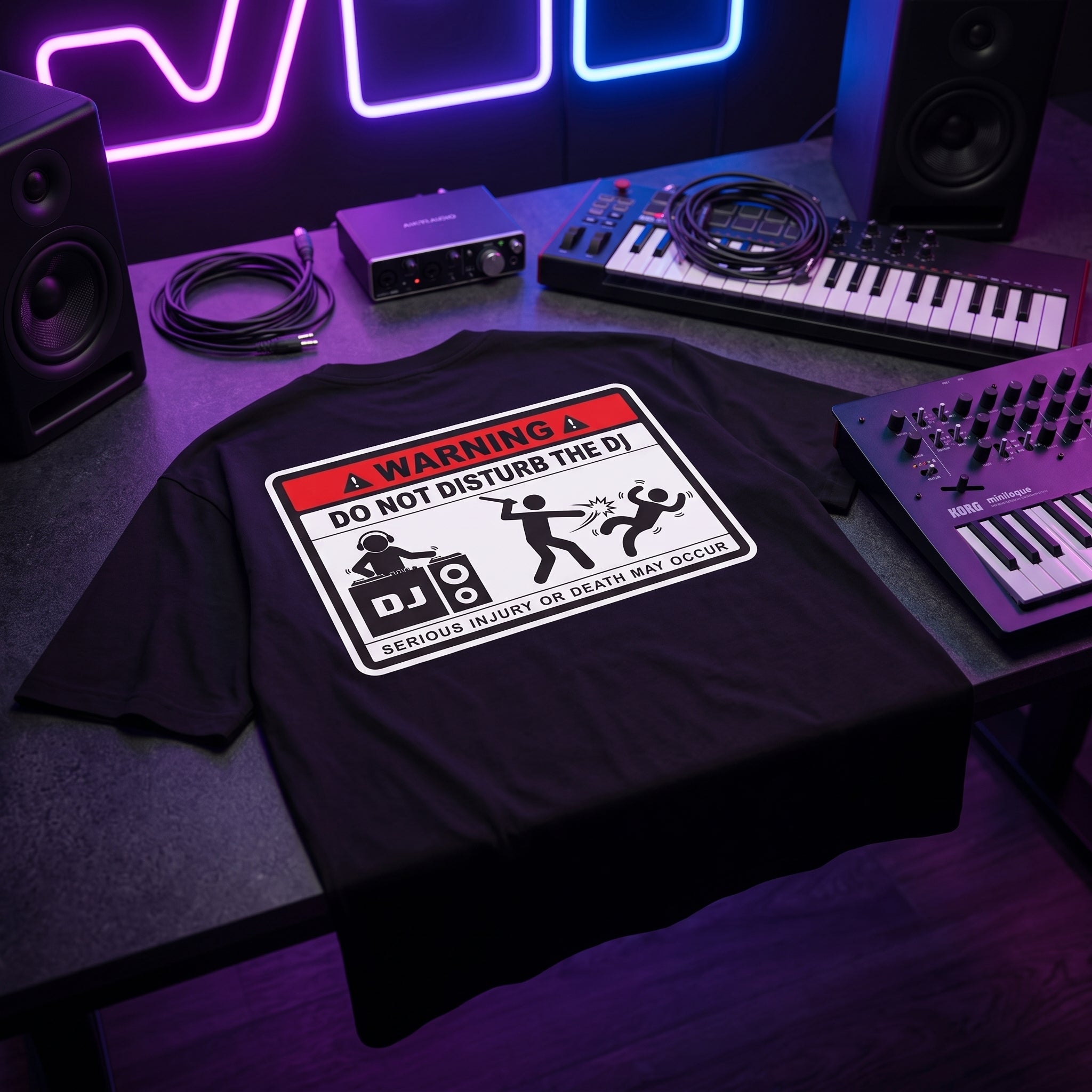 Danger DJ Do Not Disturb T-Shirt flat lay on studio desk.