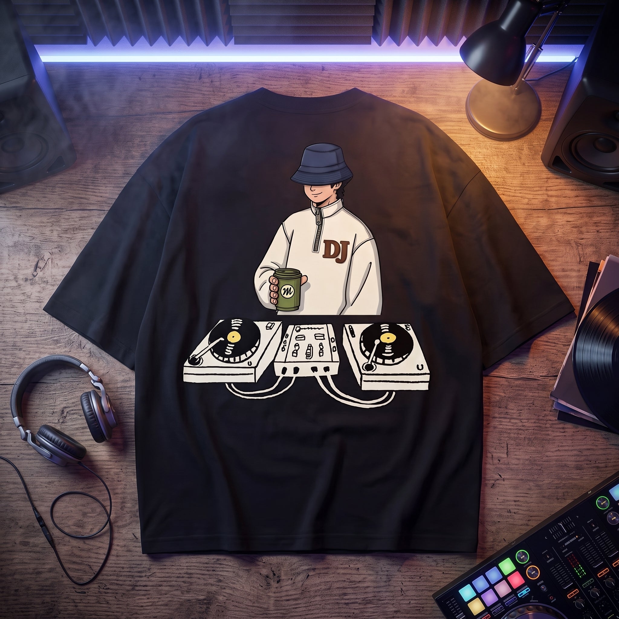 Black oversized t-shirt with Chill Session DJ graphic print, flat lay on wooden desk with turntables and studio lighting