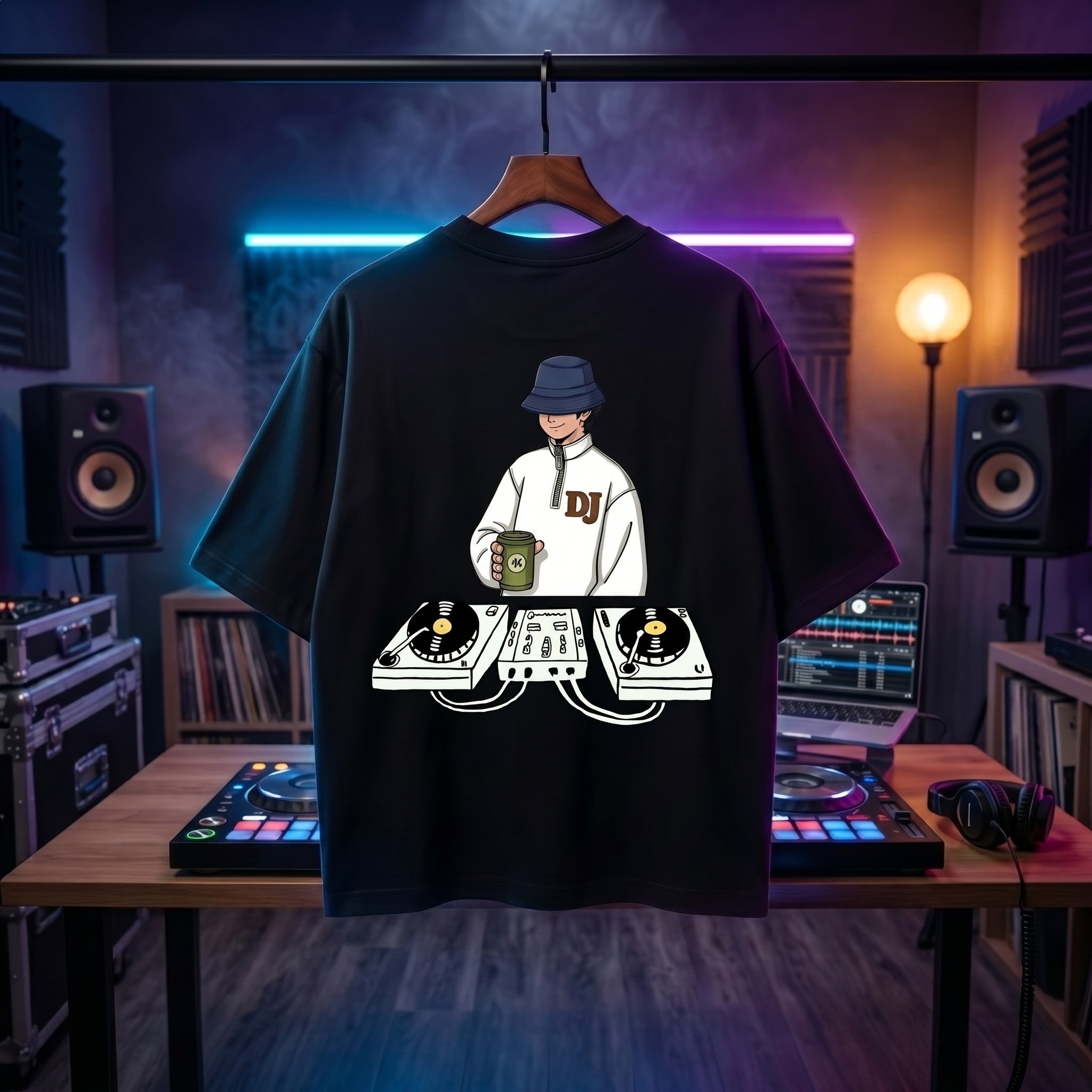 Lo-fi "Chill Session" DJ graphic on a relaxed oversized black t-shirt.