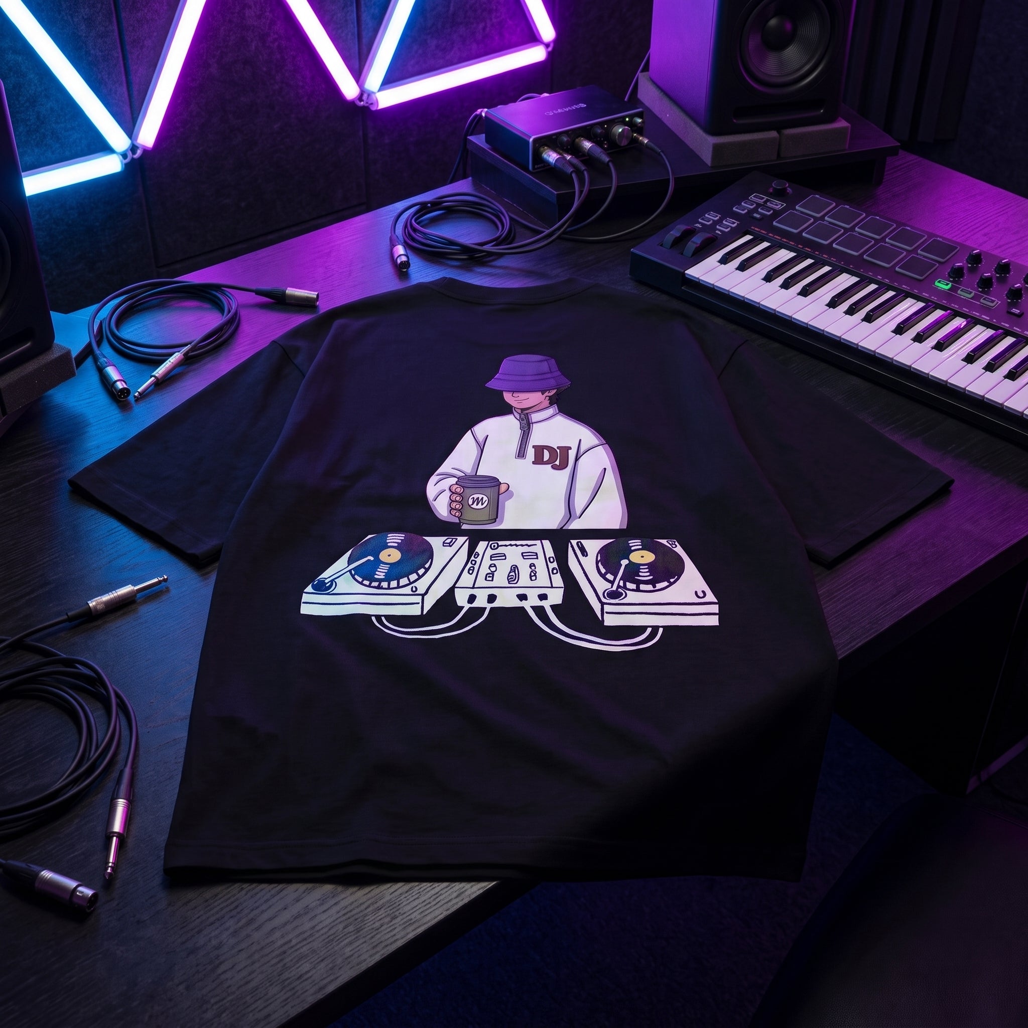 Black oversized DJ t-shirt with Chill Session graphic laid flat under neon purple and blue studio lighting