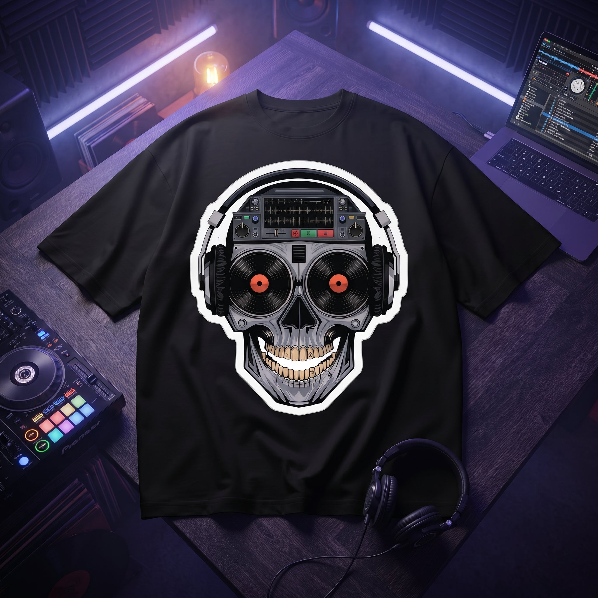 Black oversized t-shirt with cyberpunk DJ skull graphic featuring vinyl record eyes and headphones, flat lay on wooden desk