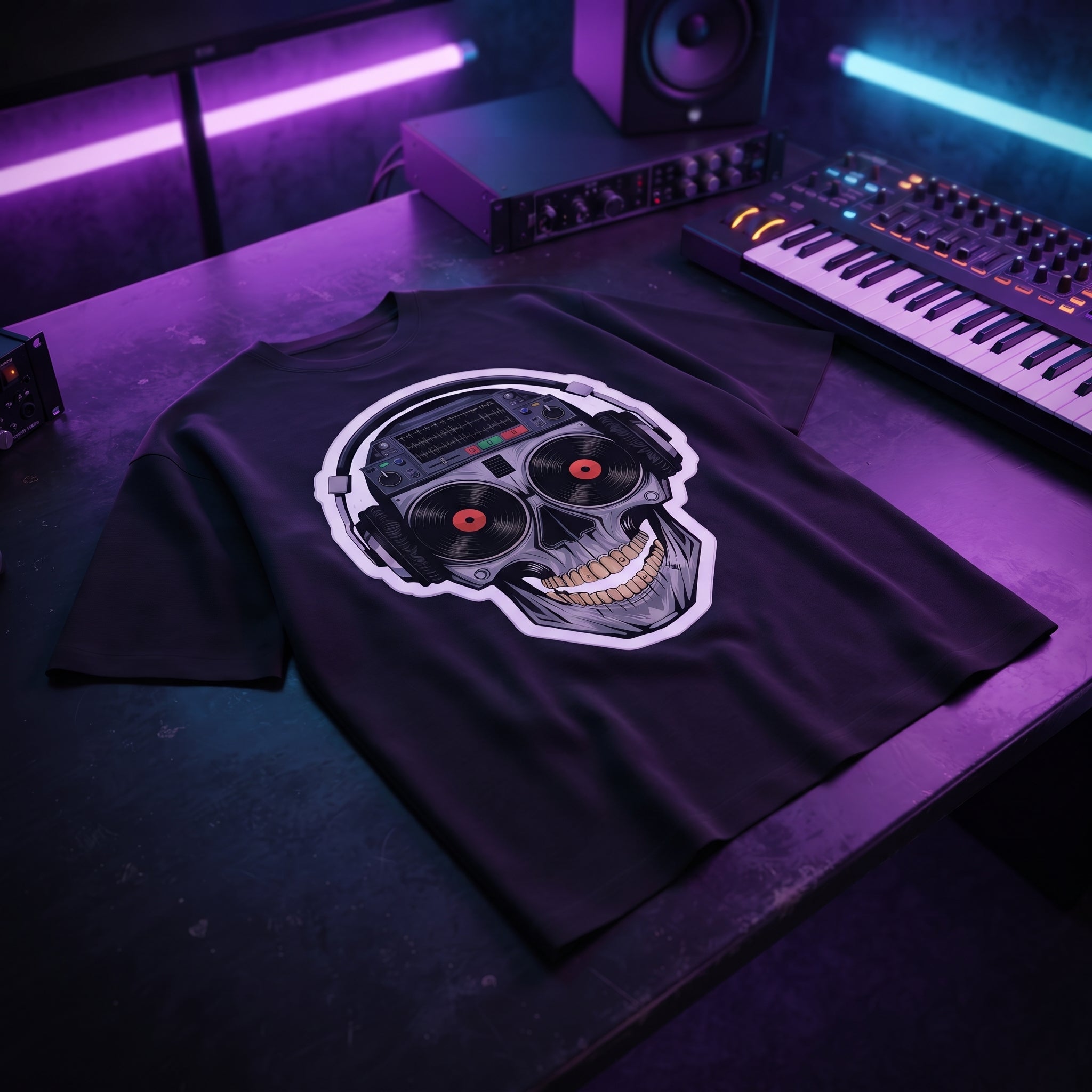 Black oversized DJ t-shirt with cyberpunk skull graphic laid flat under neon purple studio lighting