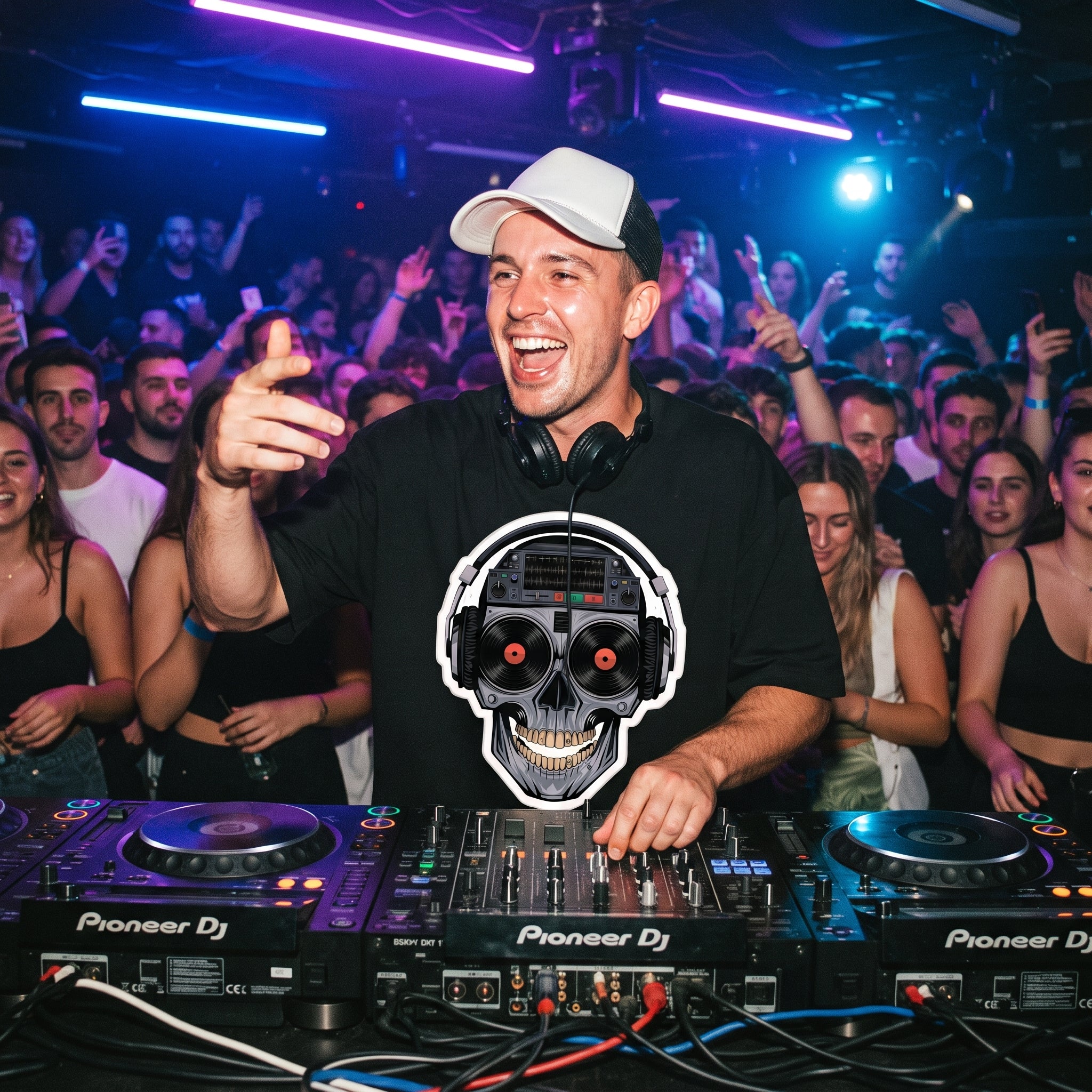 DJ wearing cyberpunk skull graphic oversized t-shirt performing on Pioneer decks in front of cheering club crowd