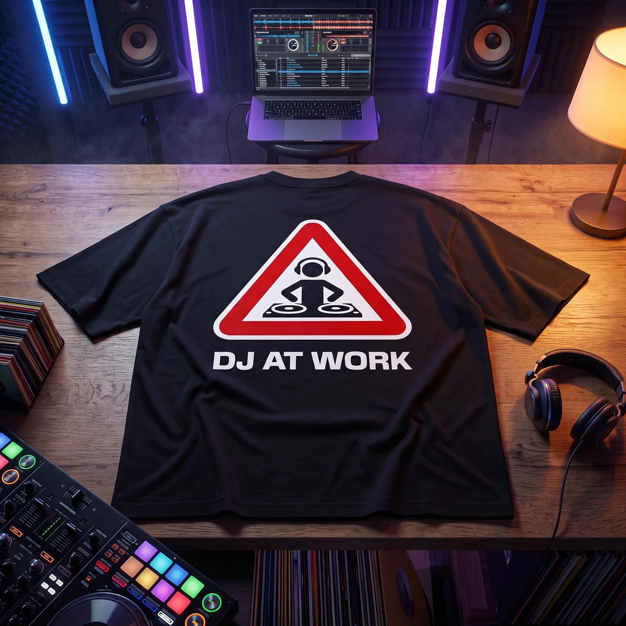 Black oversized t-shirt with DJ At Work warning sign graphic, flat lay on wooden desk with DJ controller and vinyl records