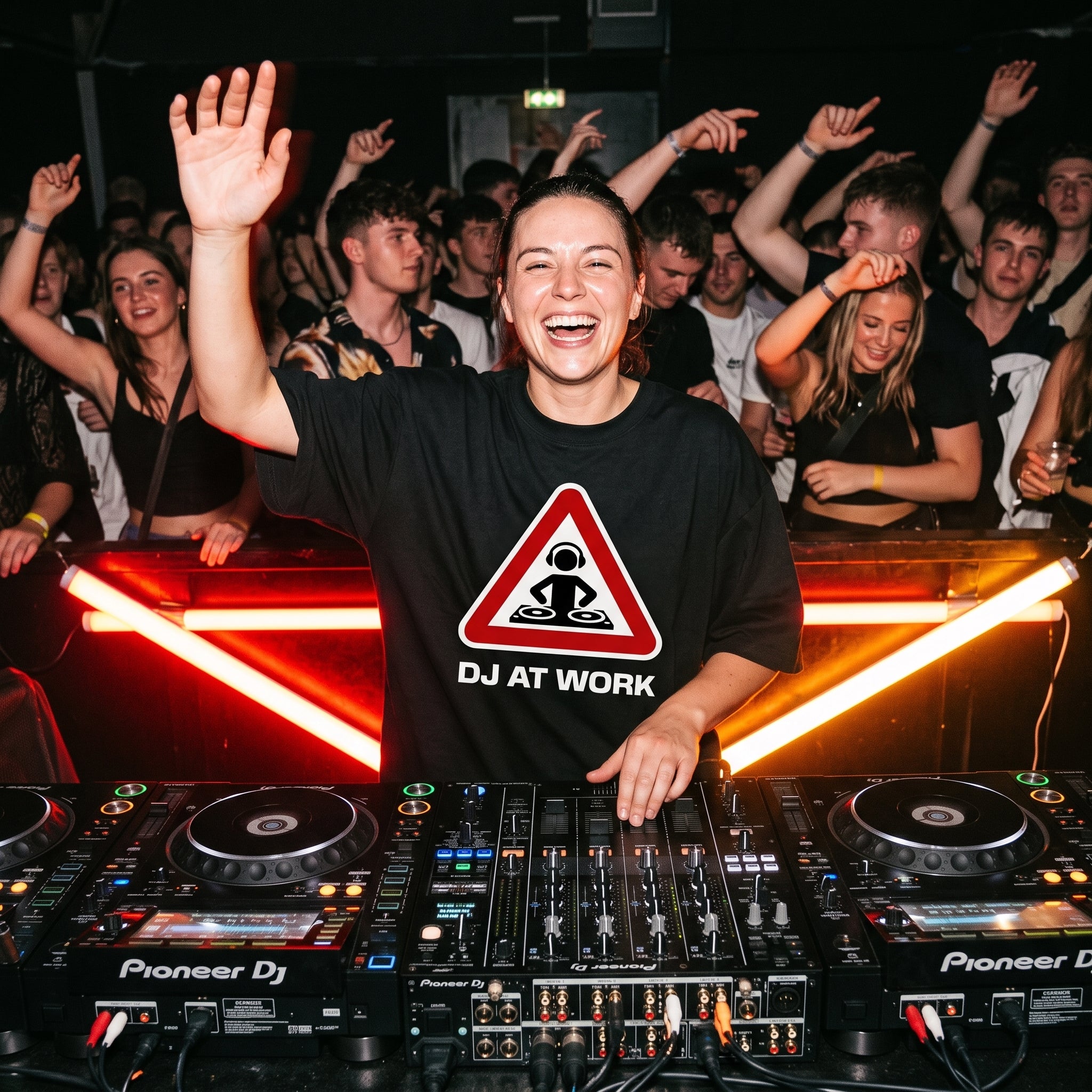 Female DJ wearing DJ At Work oversized t-shirt mixing on decks with energetic crowd under red lights