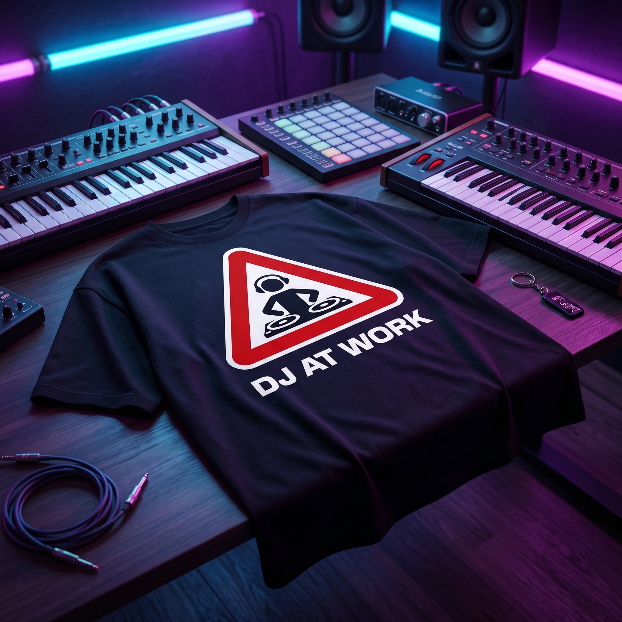 Black oversized DJ t-shirt with DJ At Work warning sign graphic laid flat under neon purple and blue studio lighting