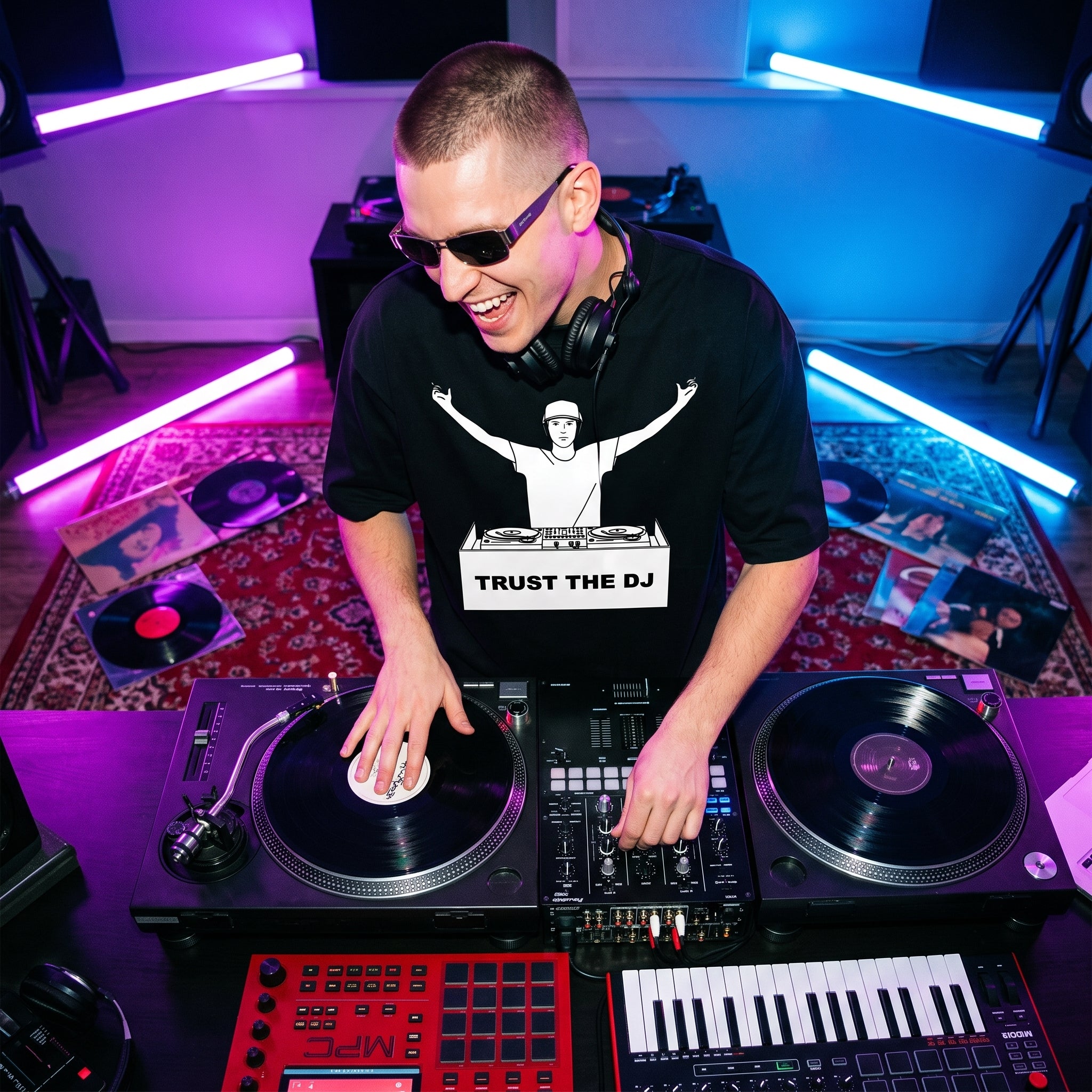 Male DJ wearing Trust The DJ Quote Oversized T-Shirt live studio session top angle