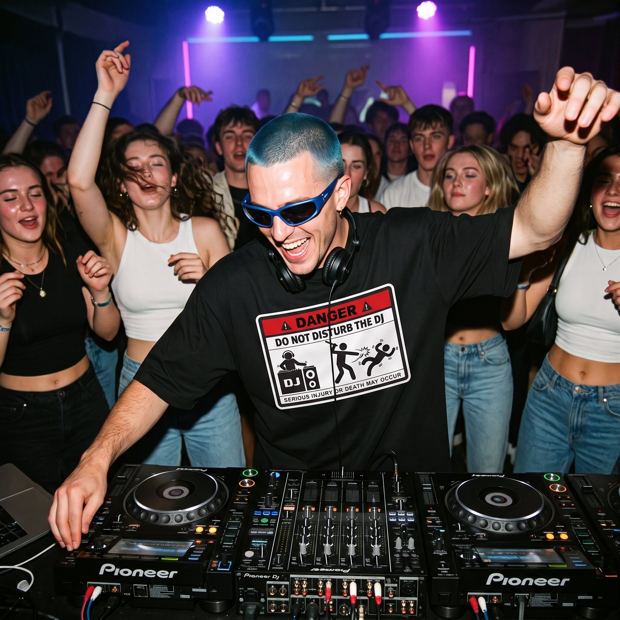 DJ in Danger DJ Do Not Disturb Black Oversized T-Shirt packed club blue hair sunglasses