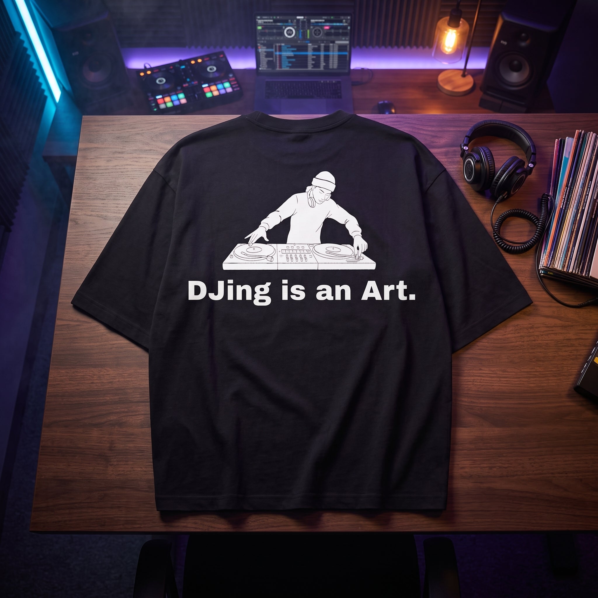 Black oversized t-shirt with DJing Is An Art graphic print, flat lay on wooden desk with DJ controller and vinyl records