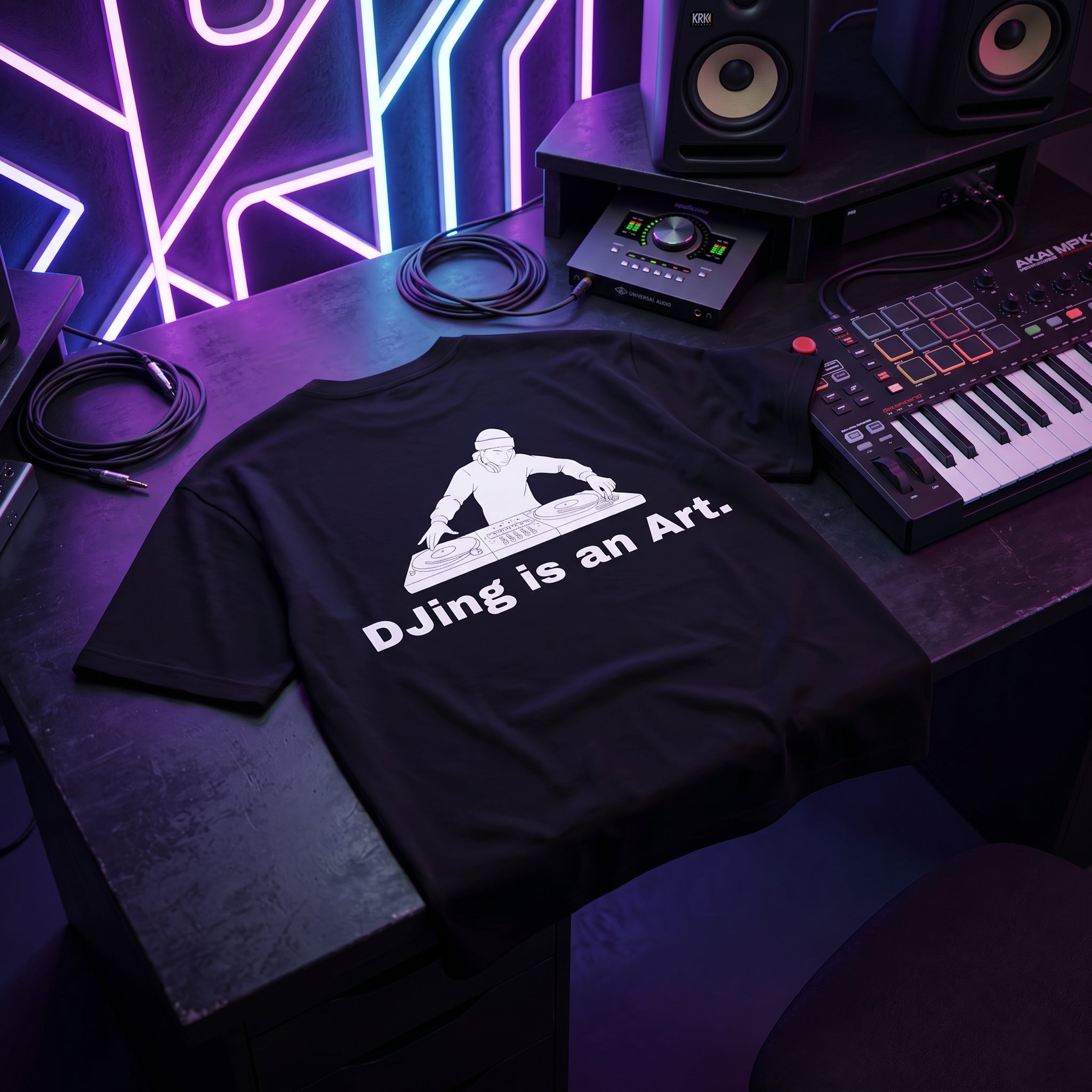 Black oversized DJ t-shirt with DJing Is An Art graphic laid flat under neon purple and blue studio lighting