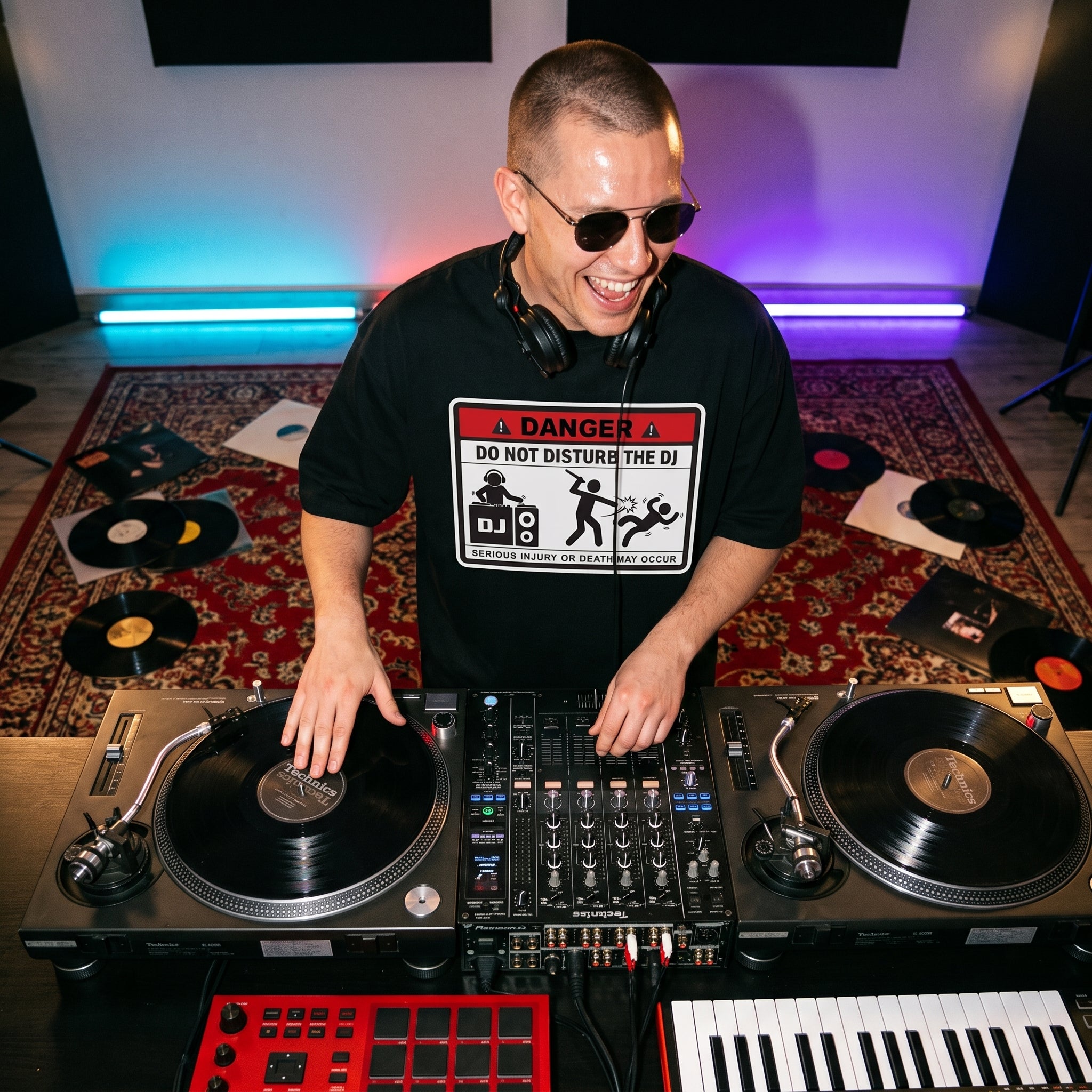 DJ wearing Danger DJ Do Not Disturb Oversized T-Shirt live studio session turntables