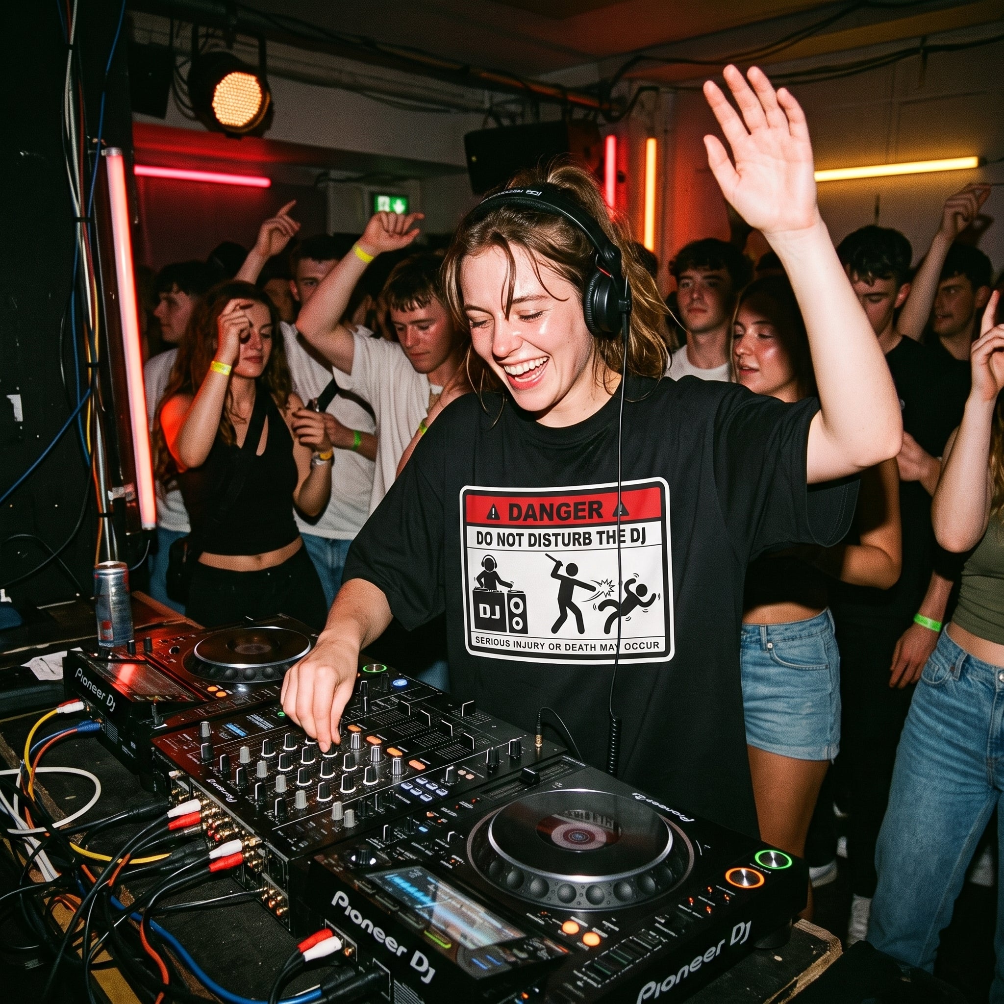 A woman DJing at a nightclub or party, wearing a black t-shirt with a 'Danger Do Not Disturb' graphic. She is smiling and waving, with her hands in the controls of a Pioneer DJ turntable.