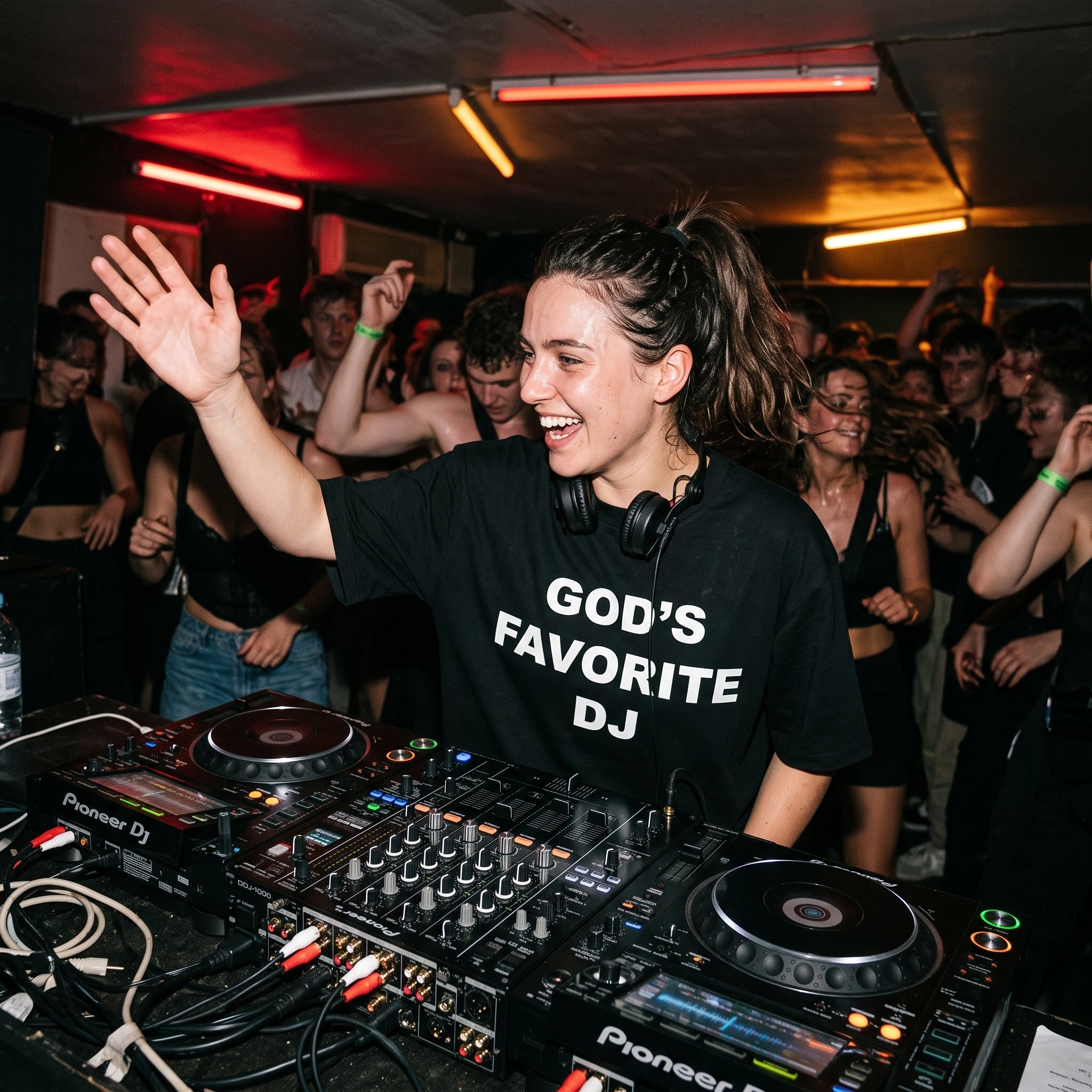 Female DJ wearing God's Favorite DJ Quote Oversized T-Shirt performing in club hand raised