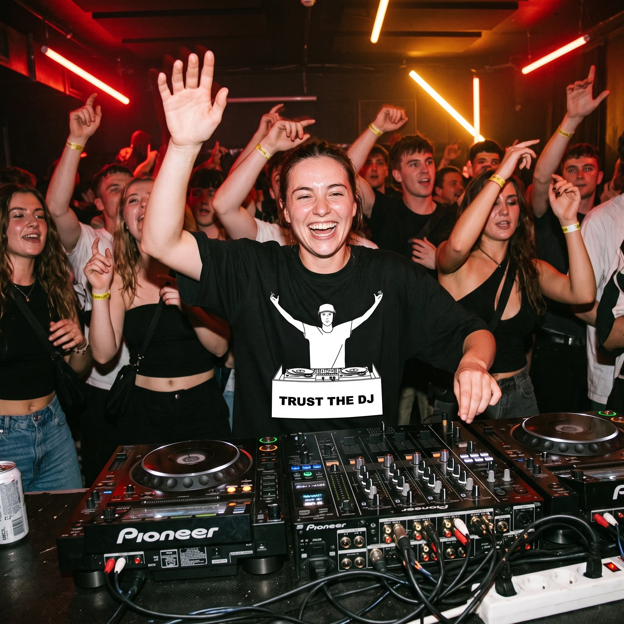 Female DJ in Trust The DJ Quote Black Oversized T-Shirt performing in club crowd