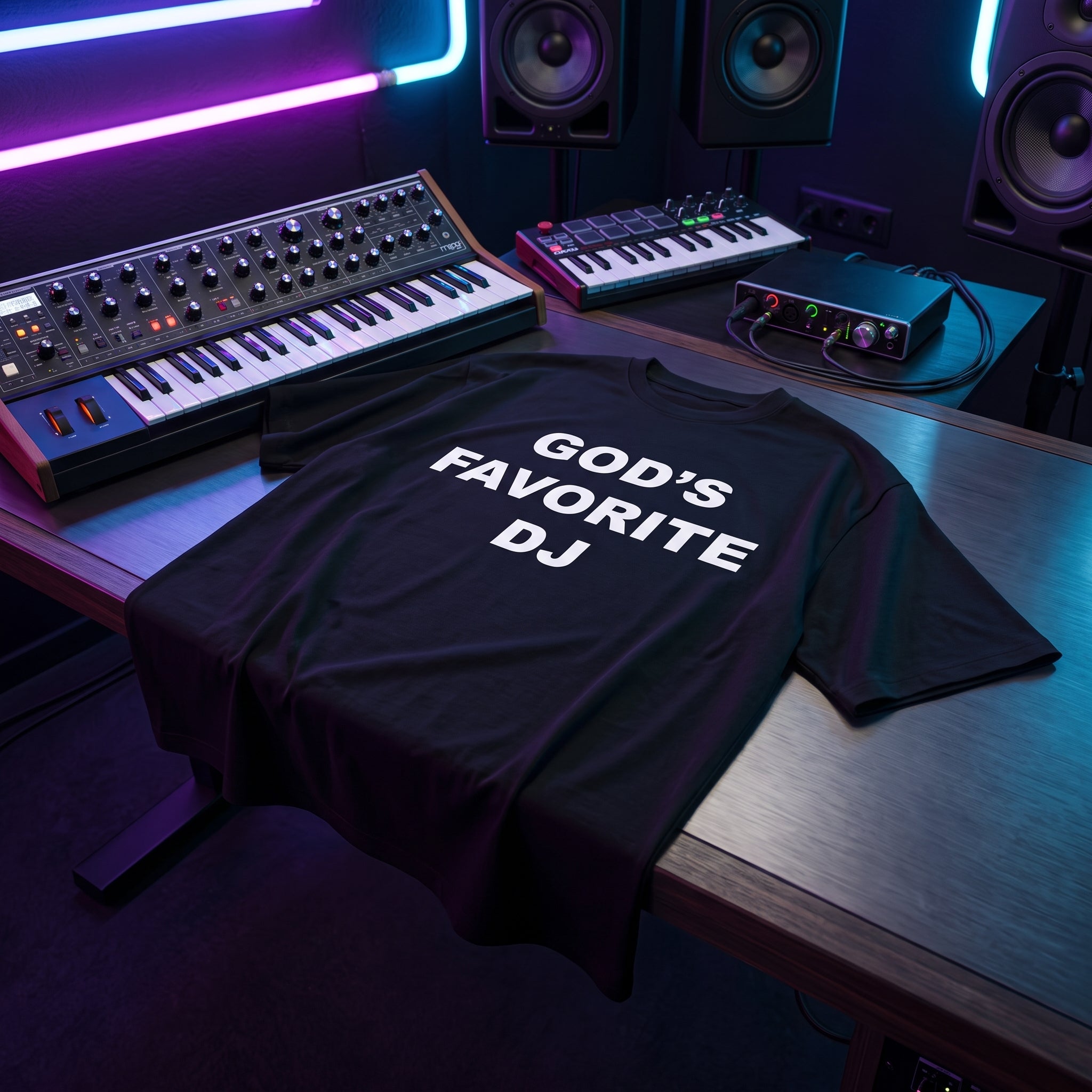 God's Favorite DJ Quote Black Oversized T-Shirt flat lay on music studio desk with synth