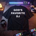 God's Favorite DJ Quote Oversized T-Shirt flat lay on DJ studio table with vinyl records