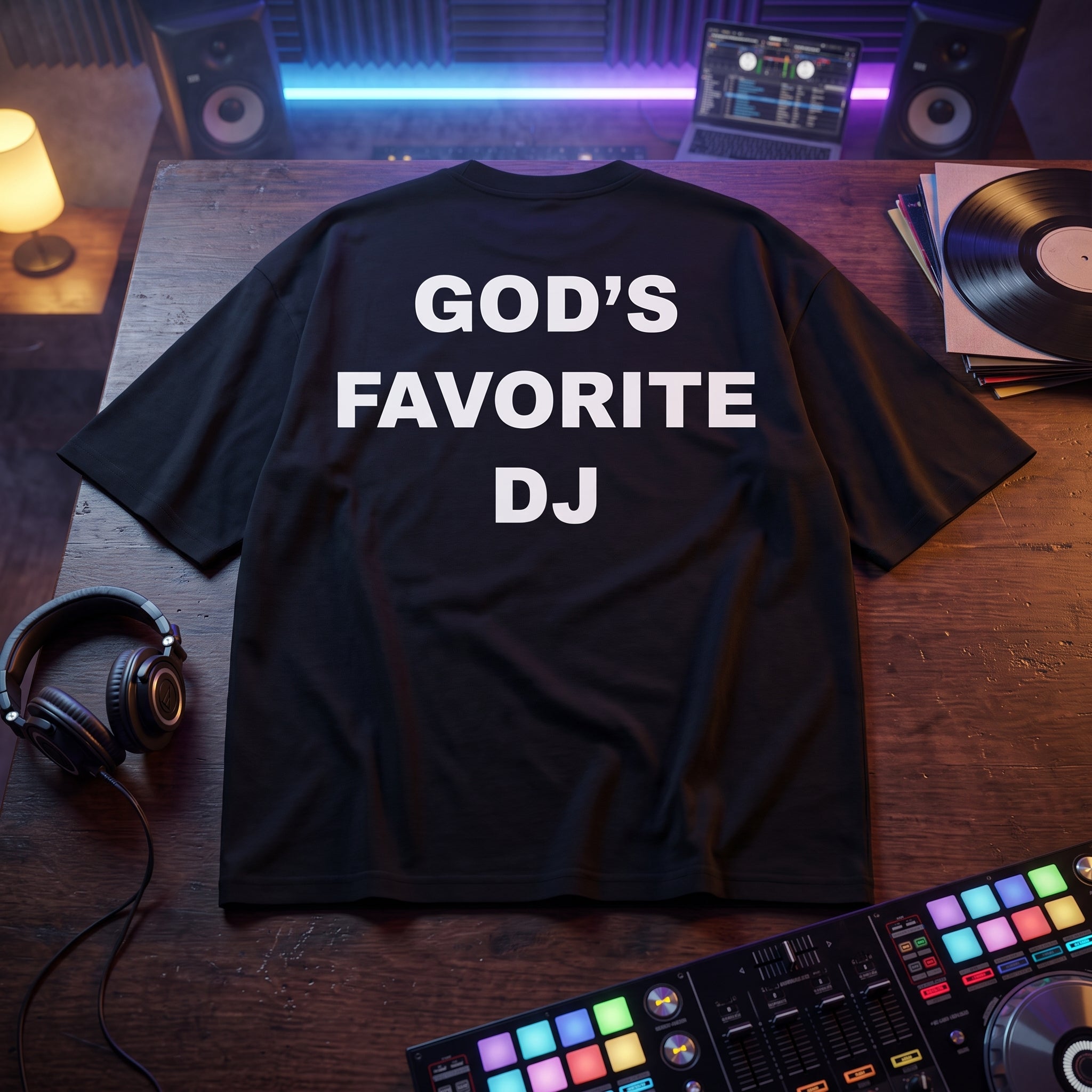 God's Favorite DJ Quote Oversized T-Shirt flat lay on DJ studio table with vinyl records