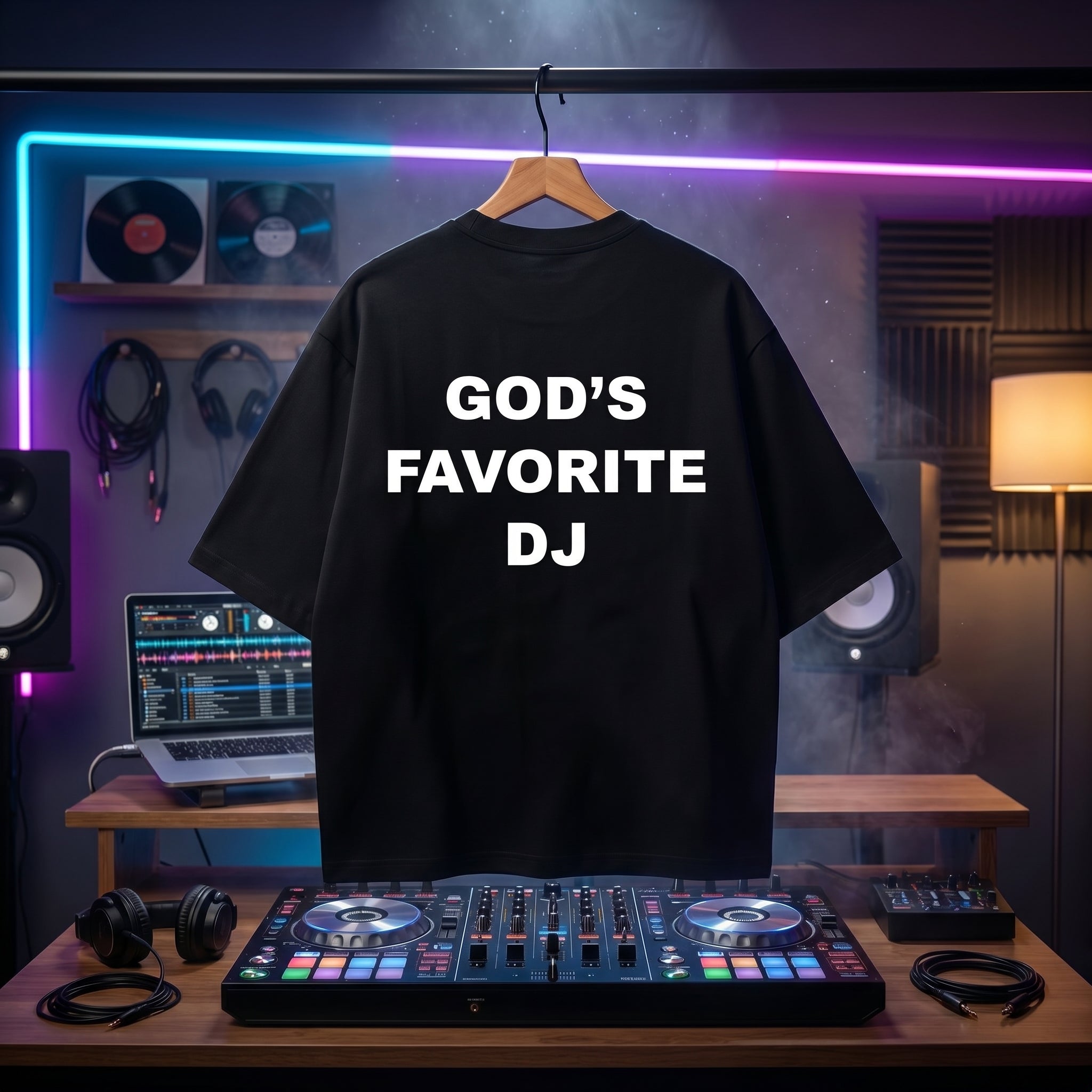 "God's Favorite DJ" confident quote print on a black oversized streetwear tee.