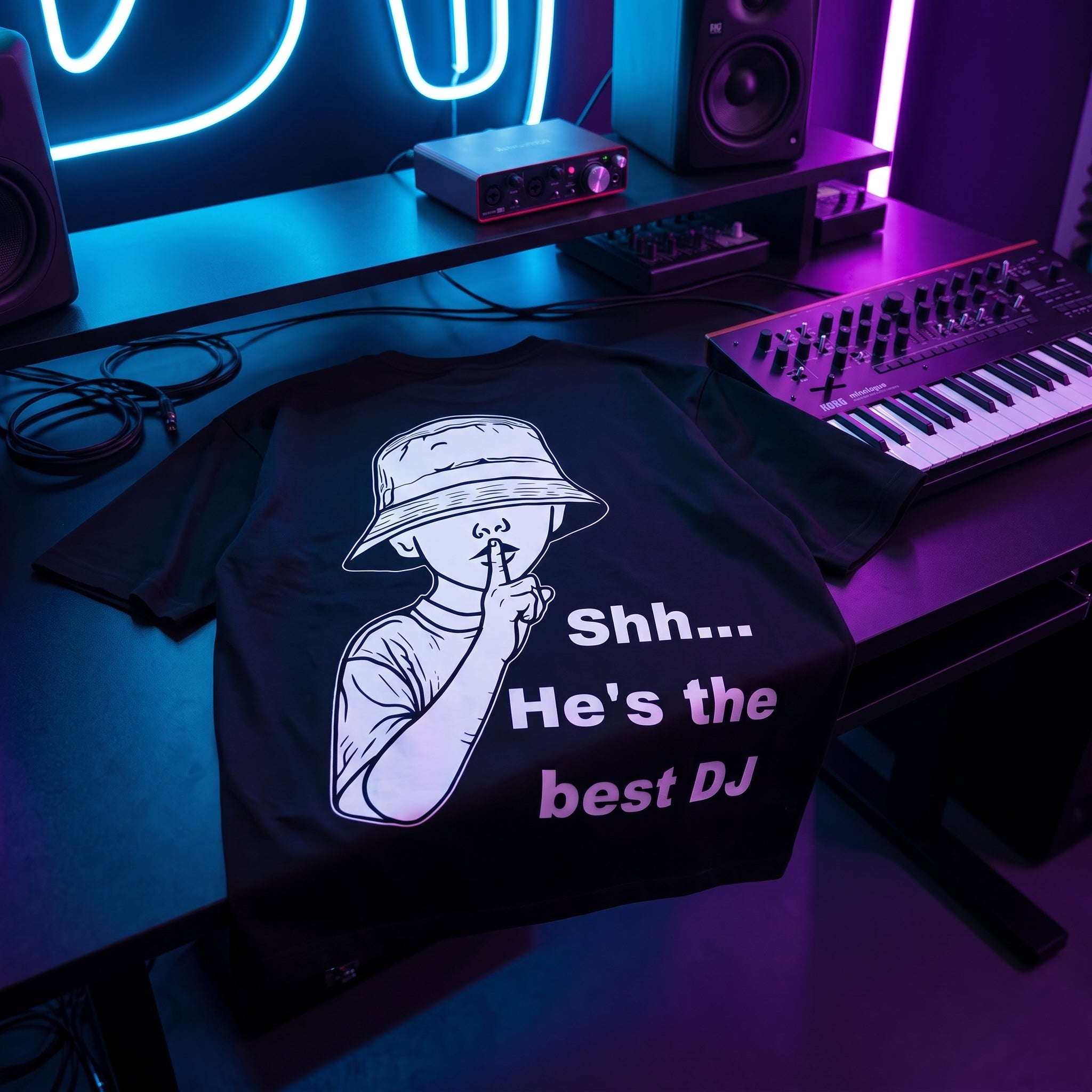 He's The Best DJ Quote T-Shirt - Neon Home Studio Flat Lay