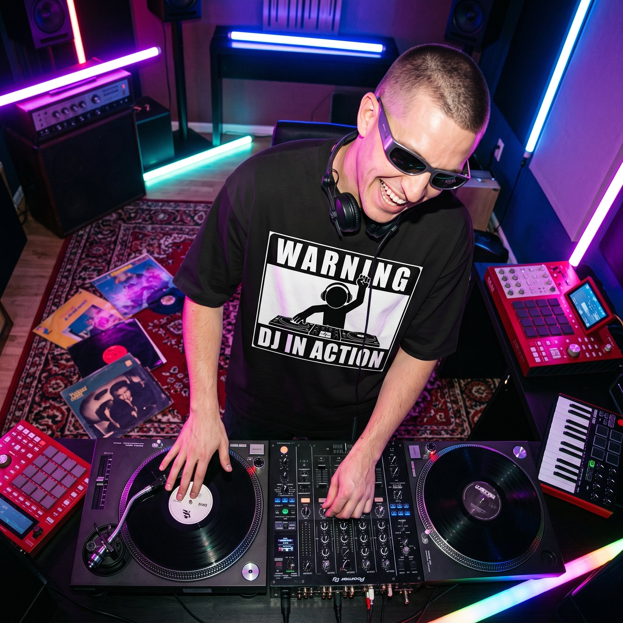 Male DJ in Warning DJ In Action Black Oversized T-Shirt live studio session top angle