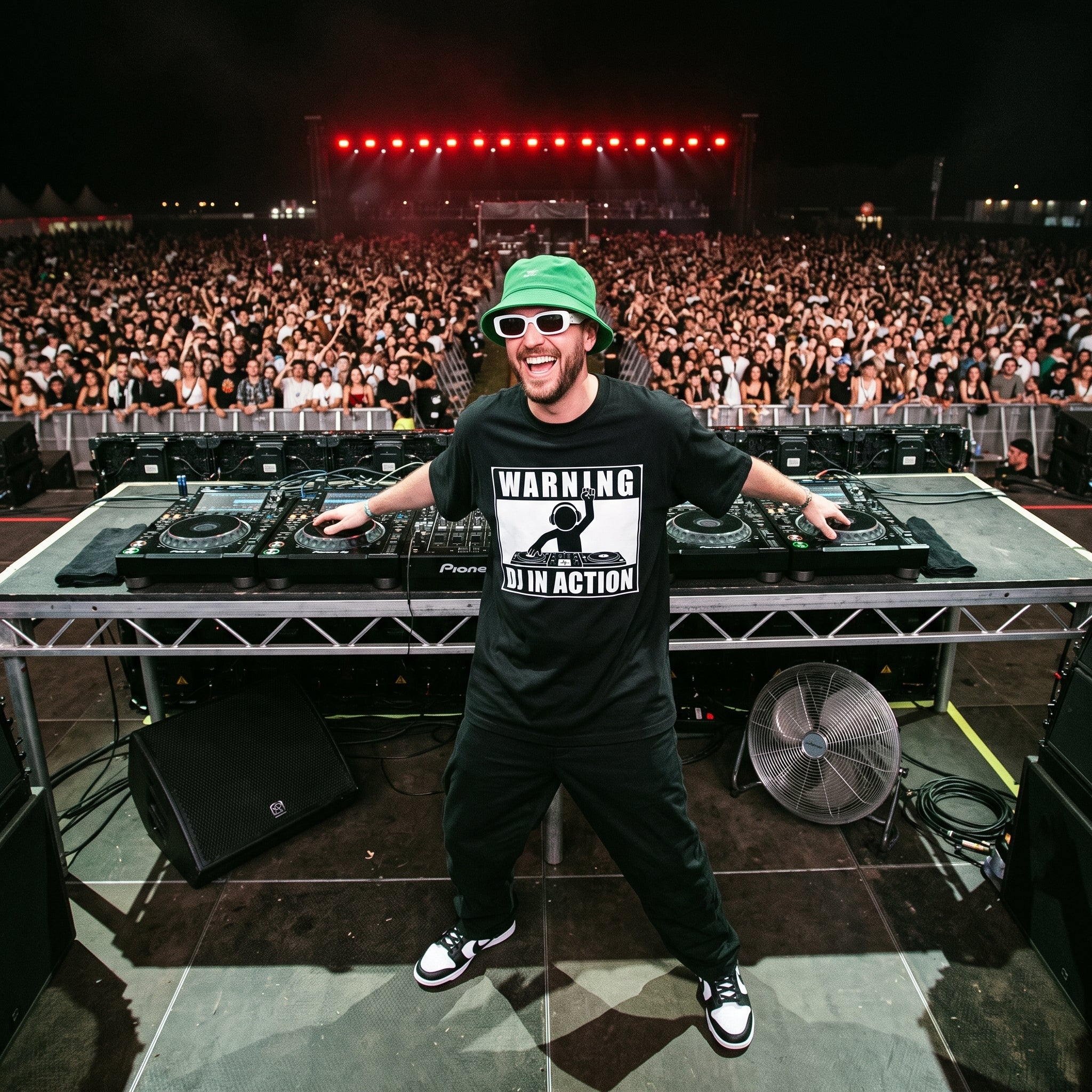 Male DJ in Warning DJ In Action Black Oversized T-Shirt on festival stage massive crowd