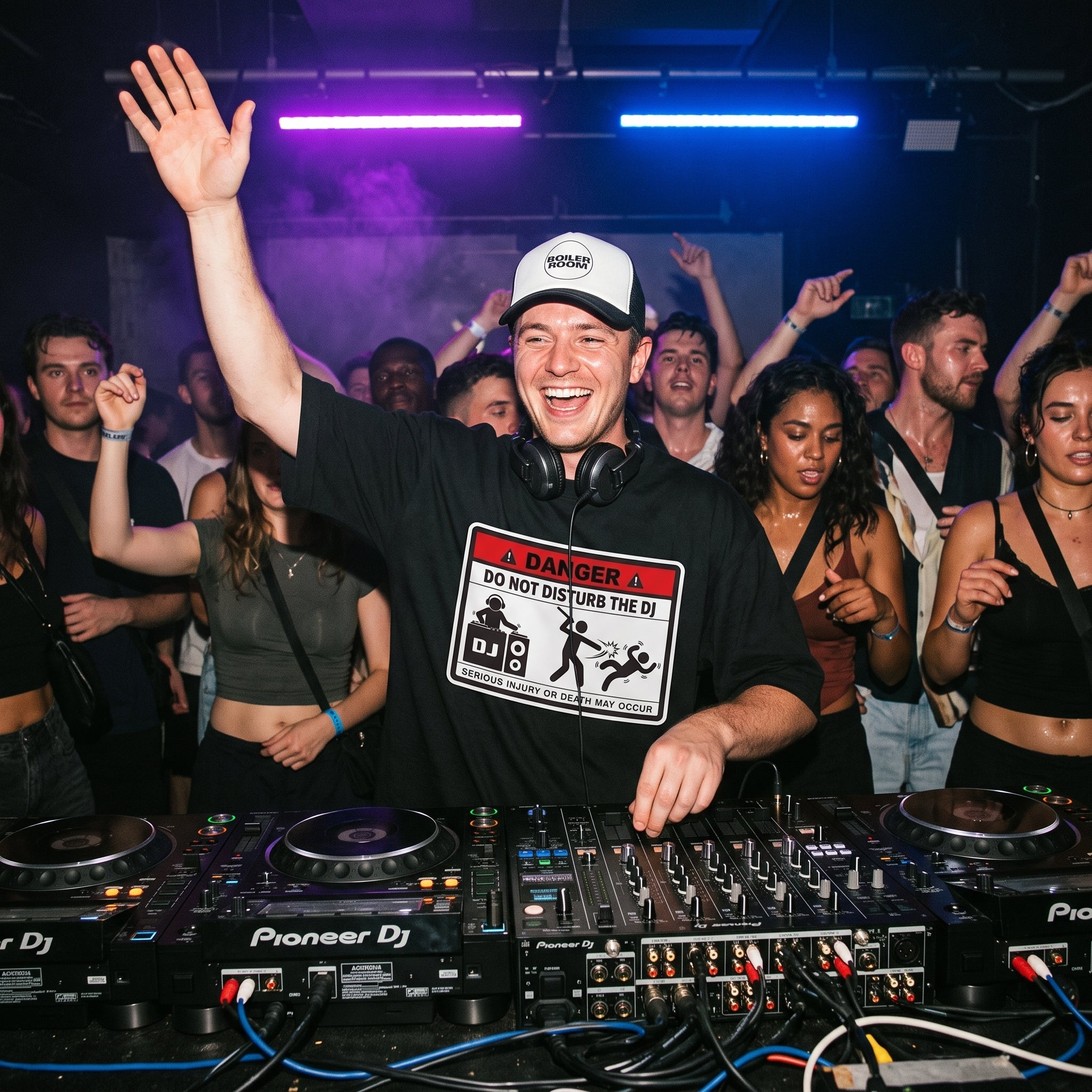 DJ wearing Danger DJ Do Not Disturb Oversized T-Shirt performing in club hand raised