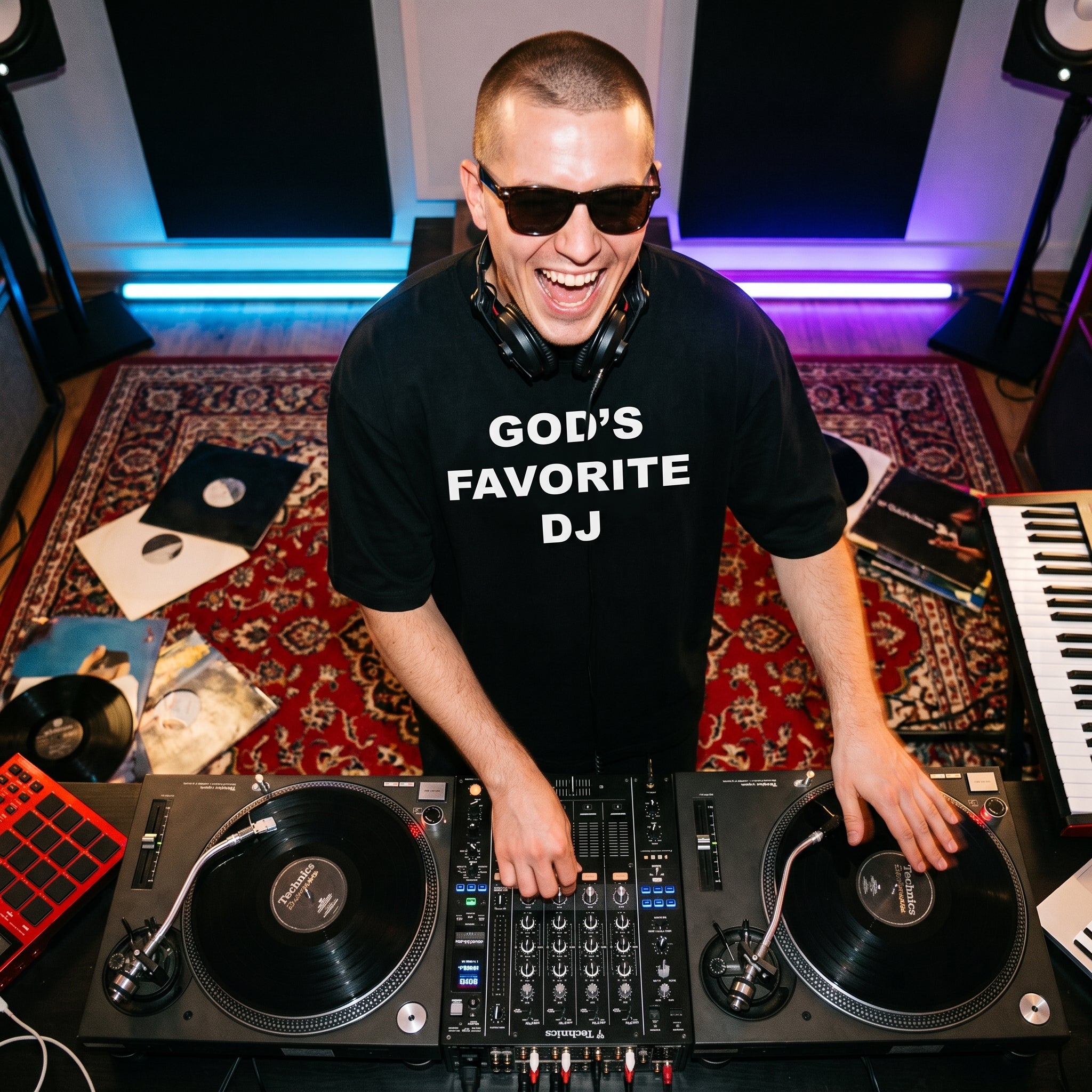 Male DJ wearing God's Favorite DJ Quote Oversized T-Shirt live studio session top angle