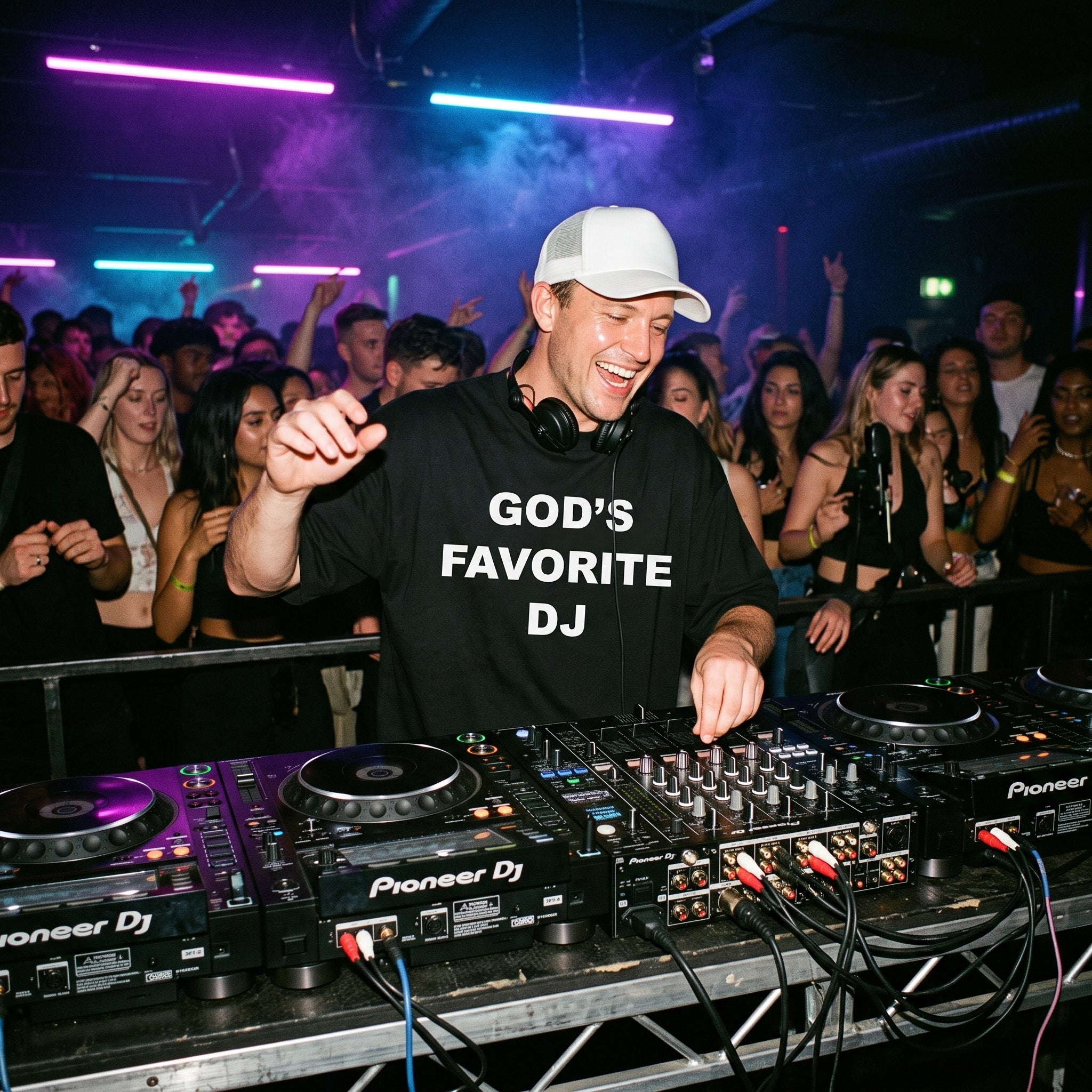 Male DJ wearing God's Favorite DJ Quote Oversized T-Shirt performing in club white cap