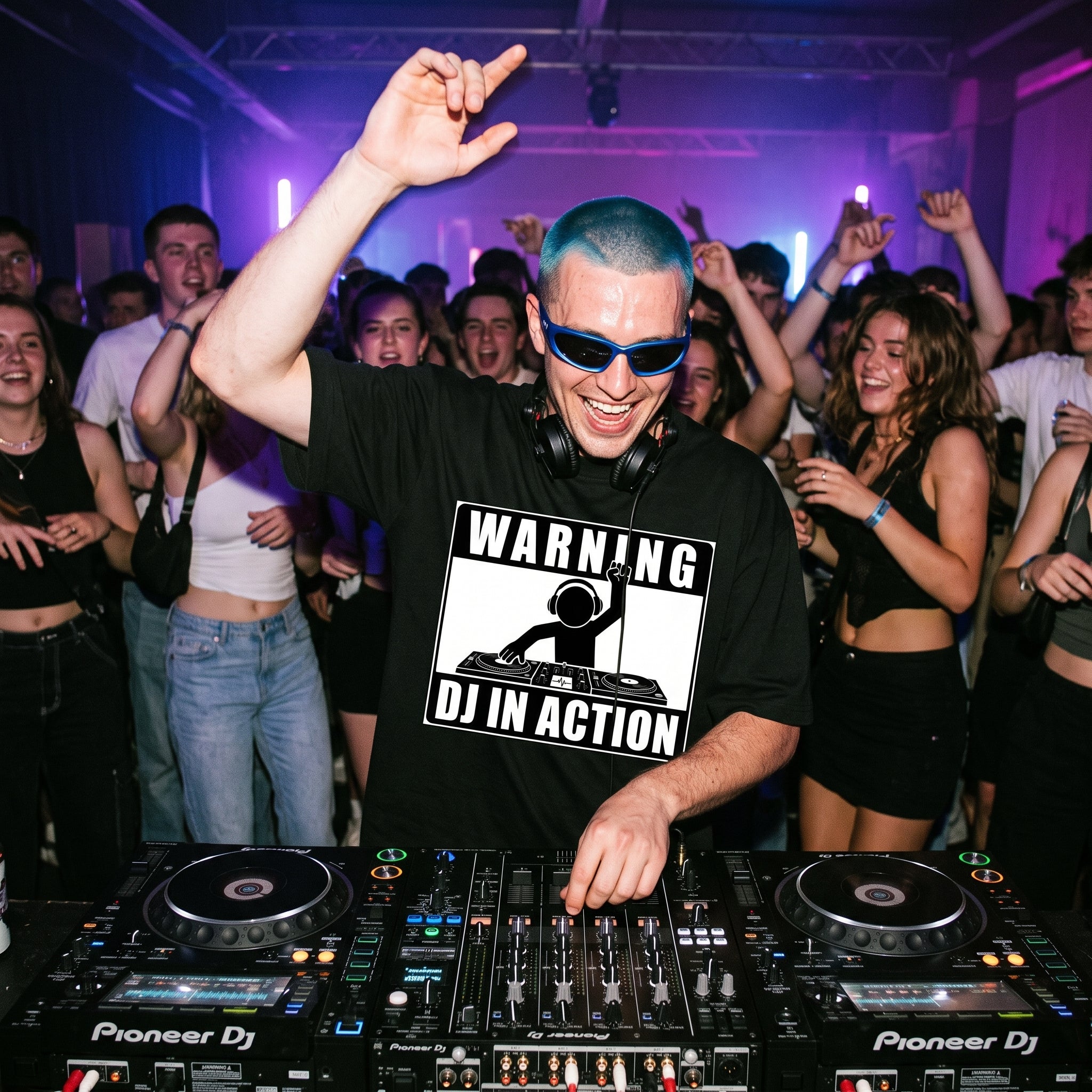 Male DJ wearing Warning DJ In Action Oversized T-Shirt in packed club blue hair sunglasses