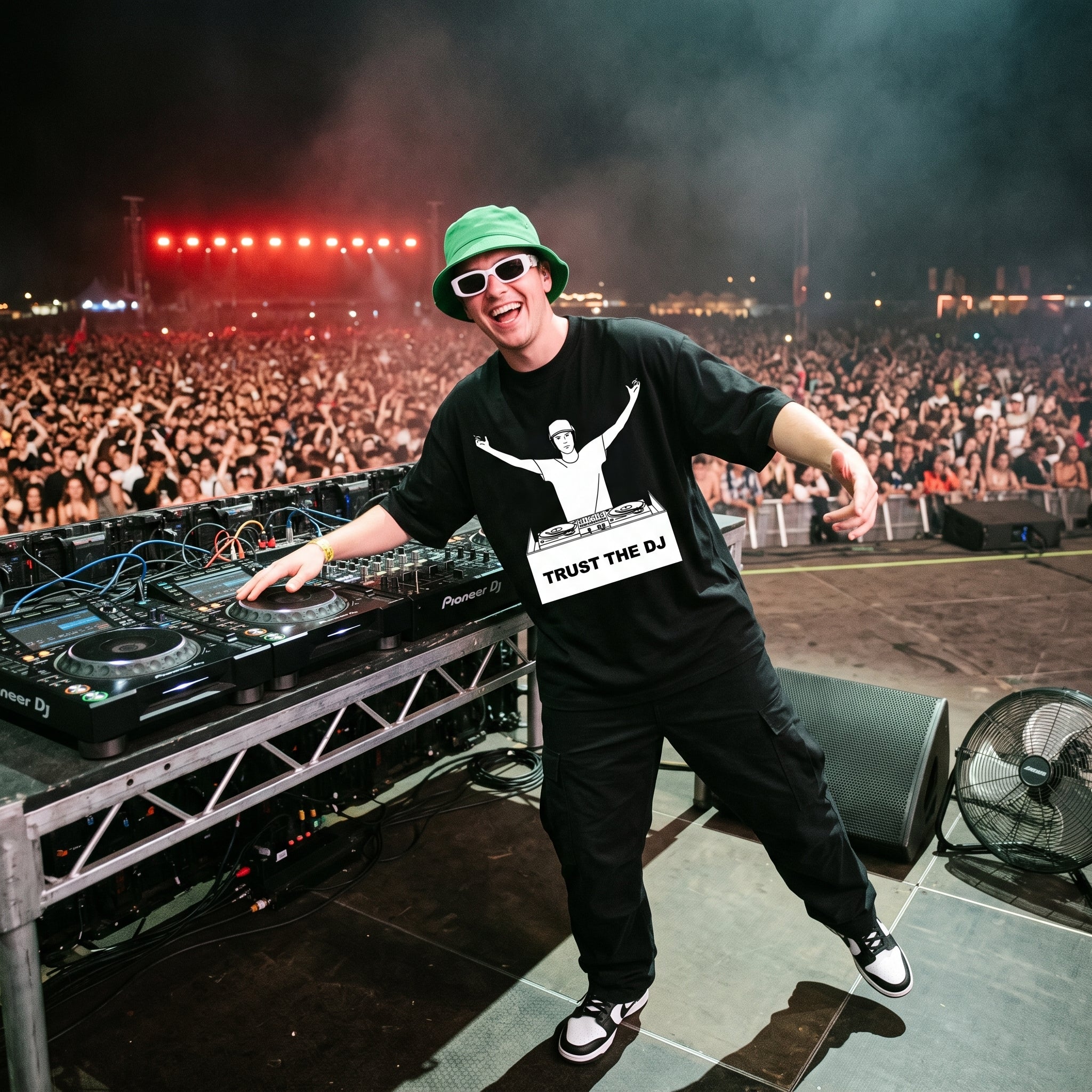 Male DJ wearing Trust The DJ Quote Oversized T-Shirt on festival stage massive crowd