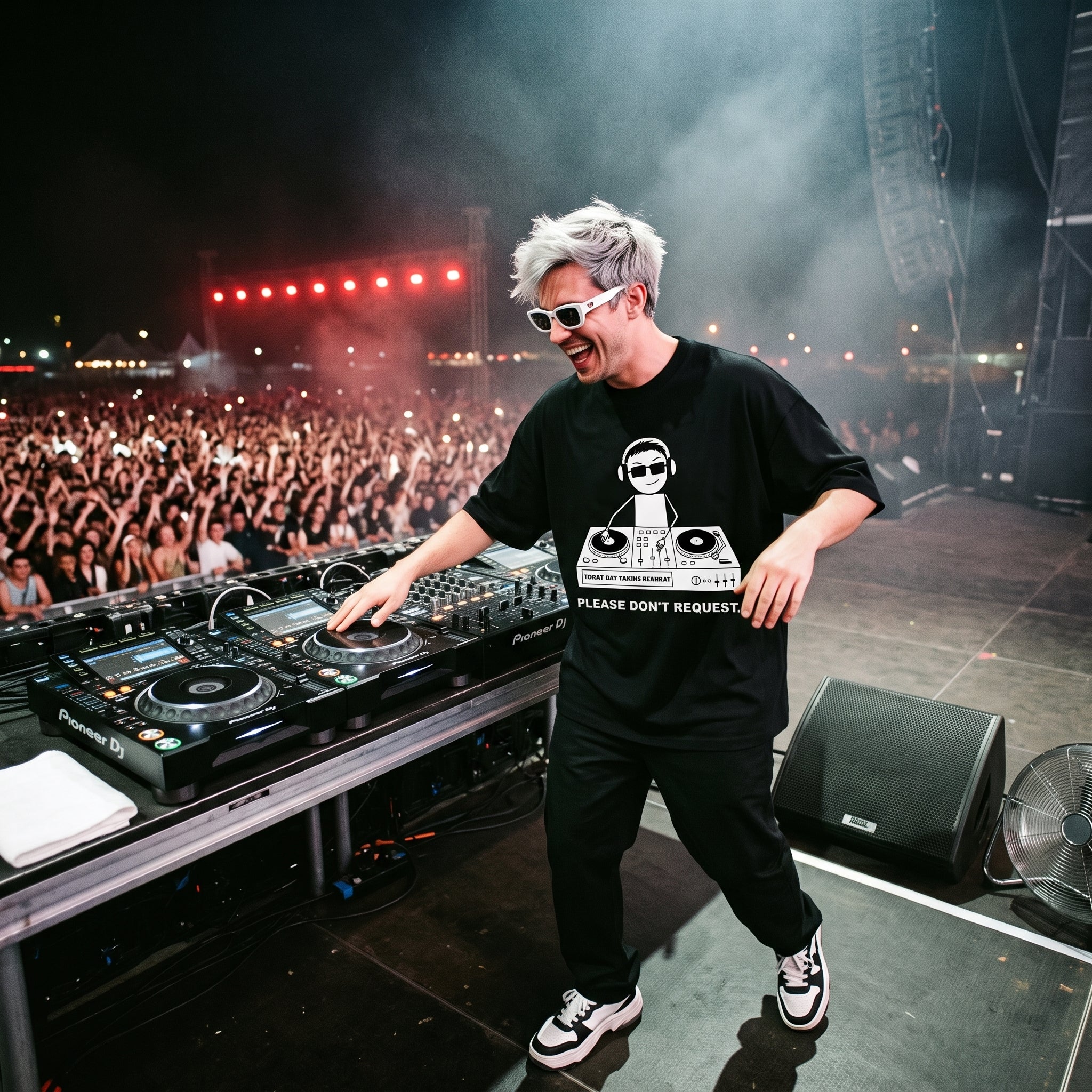 DJ in Please Don't Request oversized black t-shirt performing on outdoor festival stage in front of large crowd