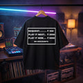 Oversized black t-shirt with funny "Request Rate Card" DJ quote print.