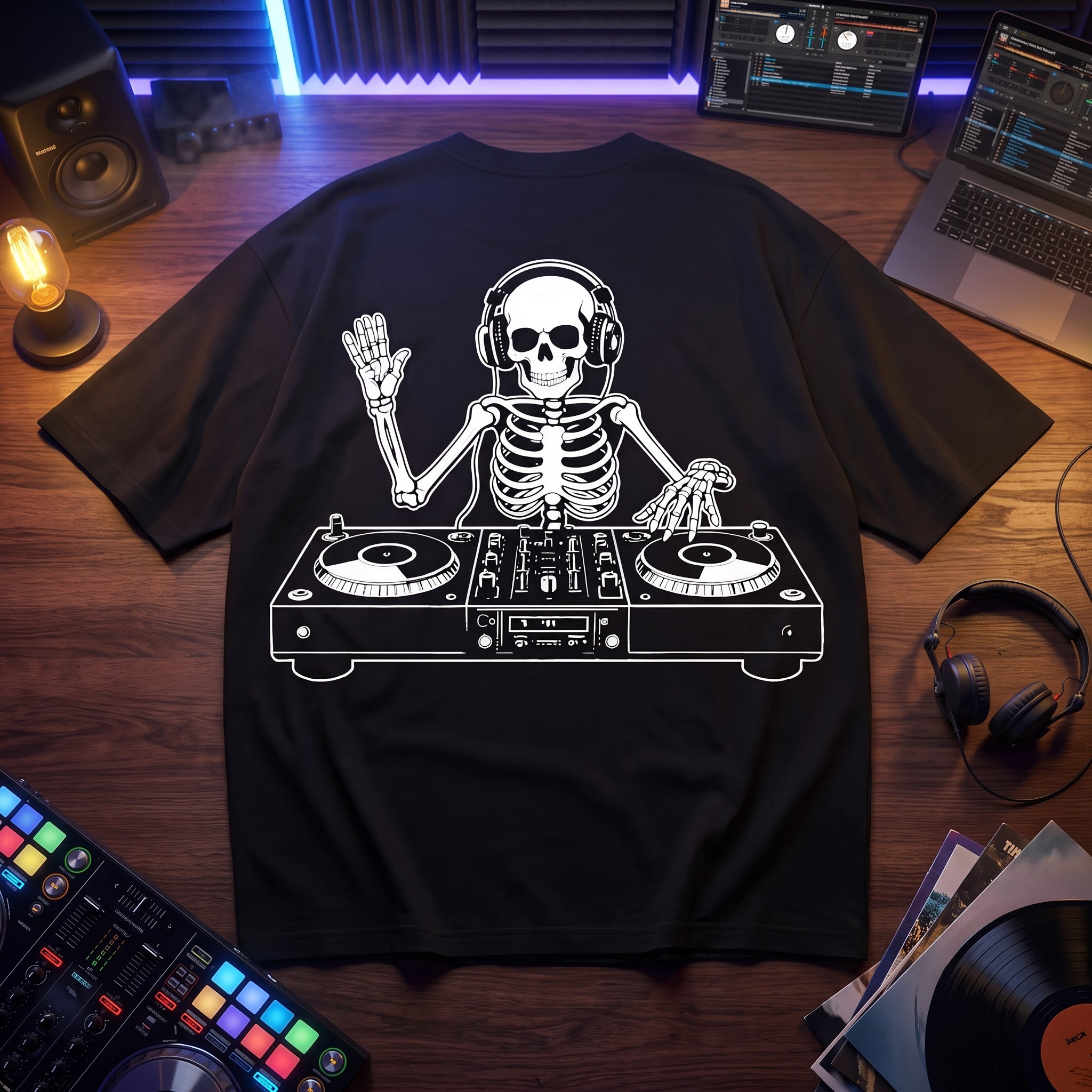 Black oversized t-shirt with skeleton DJ graphic mixing on turntables, flat lay on wooden desk with DJ controller and vinyl records