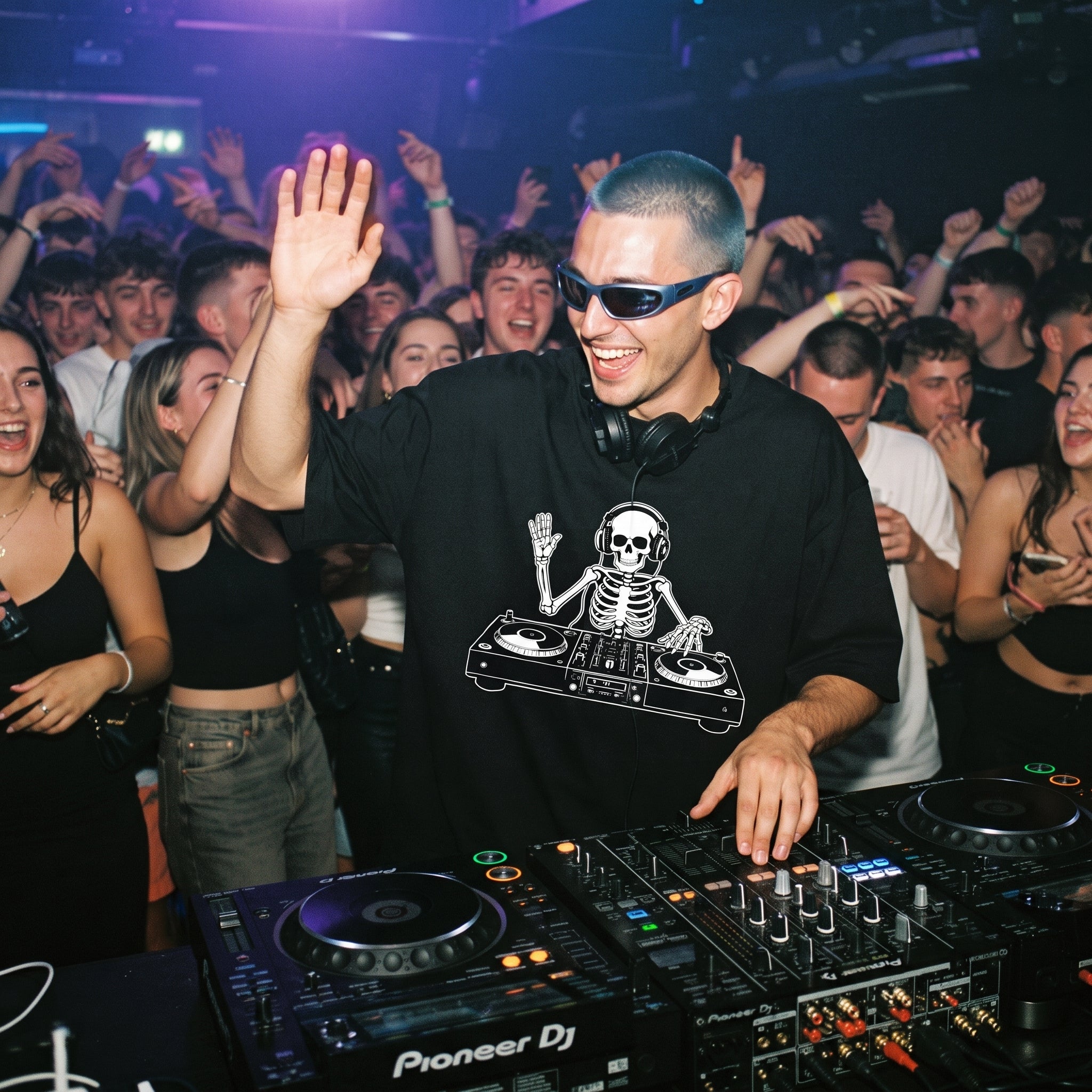 DJ with blue hair and sunglasses wearing skeleton DJ graphic oversized black t-shirt performing at nightclub