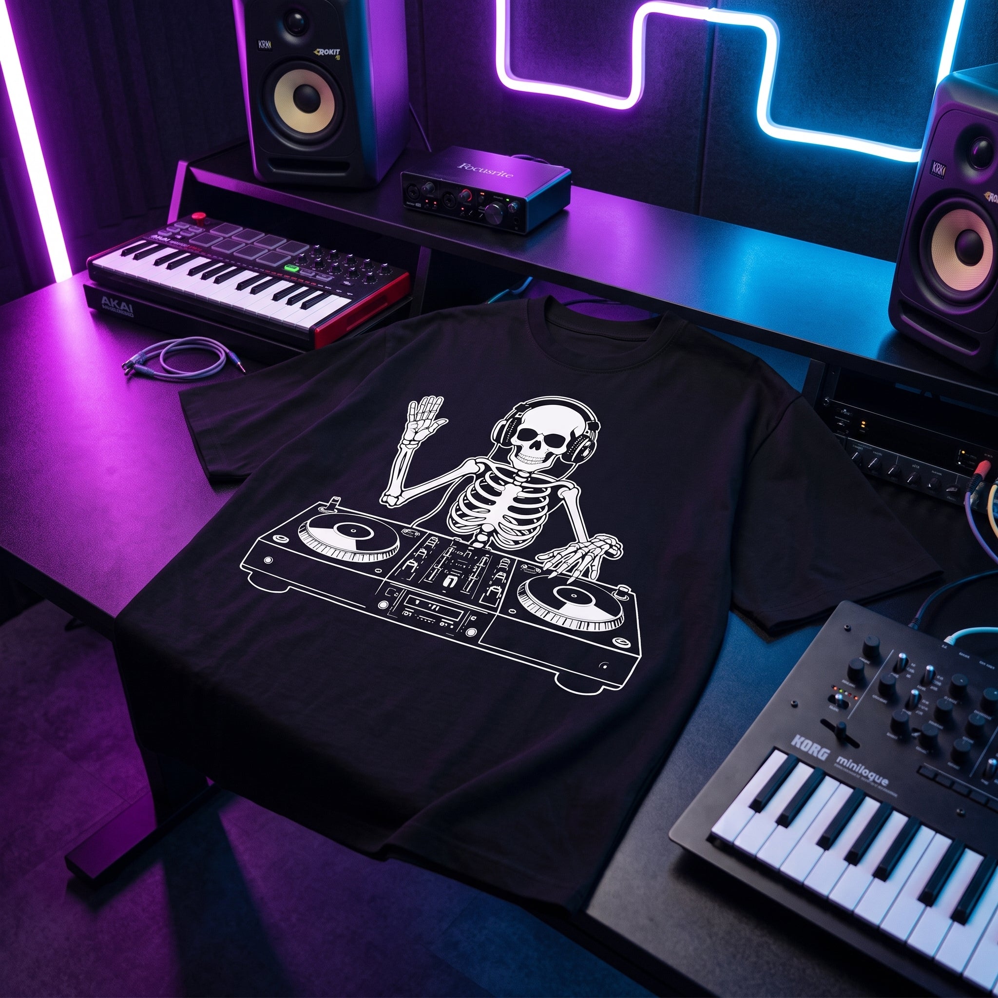 Black oversized DJ t-shirt with skeleton DJ graphic laid flat under neon purple and blue studio lighting