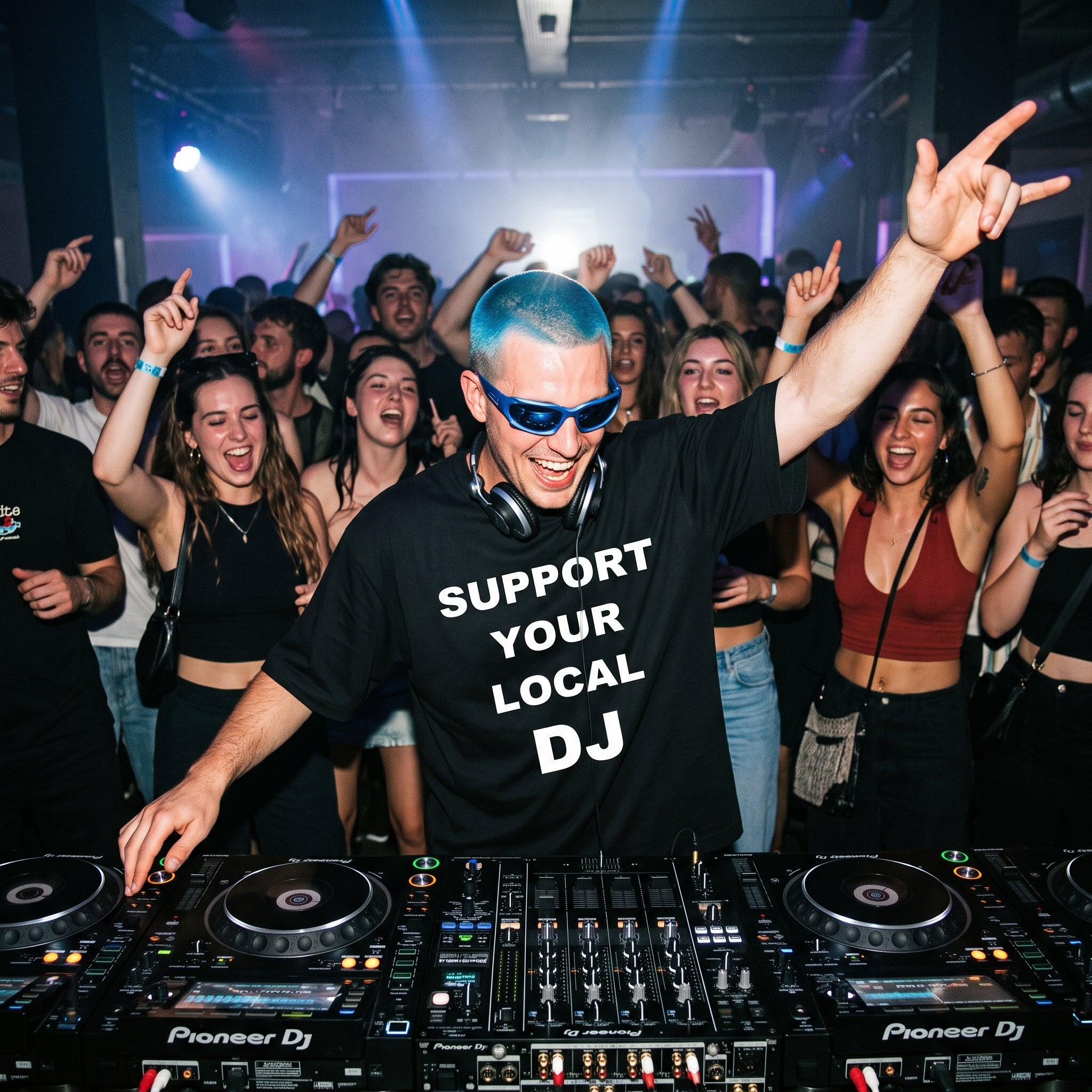DJ with blue hair and sunglasses wearing Support Your Local DJ black oversized t-shirt performing live with arms raised