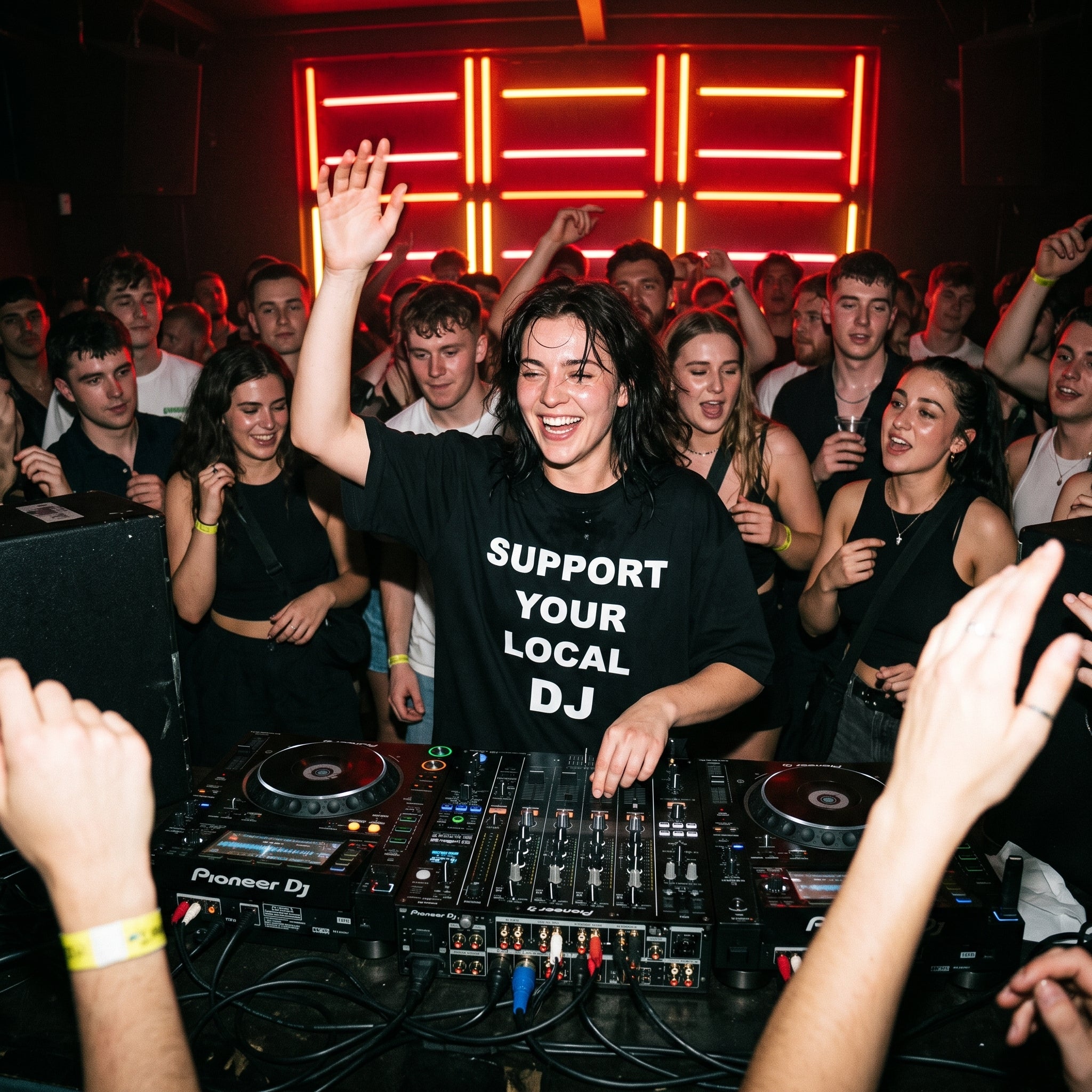 Female DJ wearing Support Your Local DJ oversized black t-shirt mixing on decks with energetic crowd under red lights