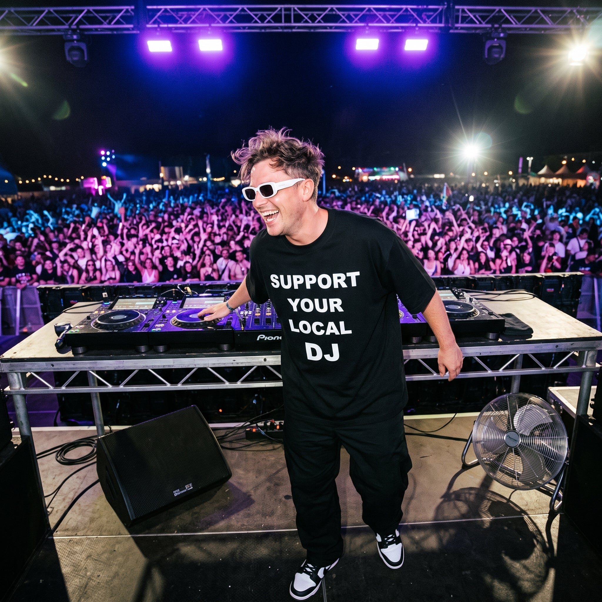 DJ in Support Your Local DJ oversized black t-shirt performing on outdoor festival stage in front of large crowd