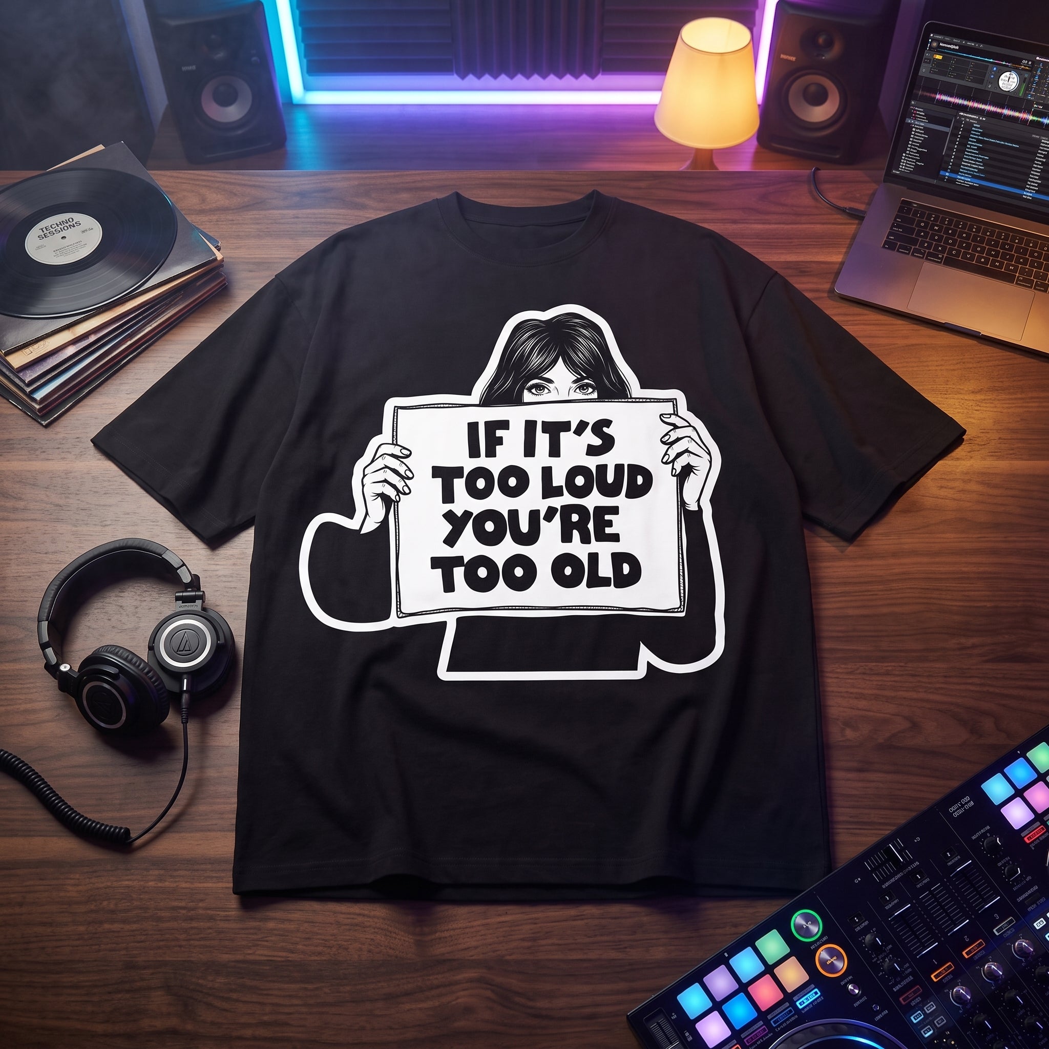 Black oversized t-shirt with If It's Too Loud You're Too Old graphic print, flat lay on wooden desk with vinyl records and DJ controller