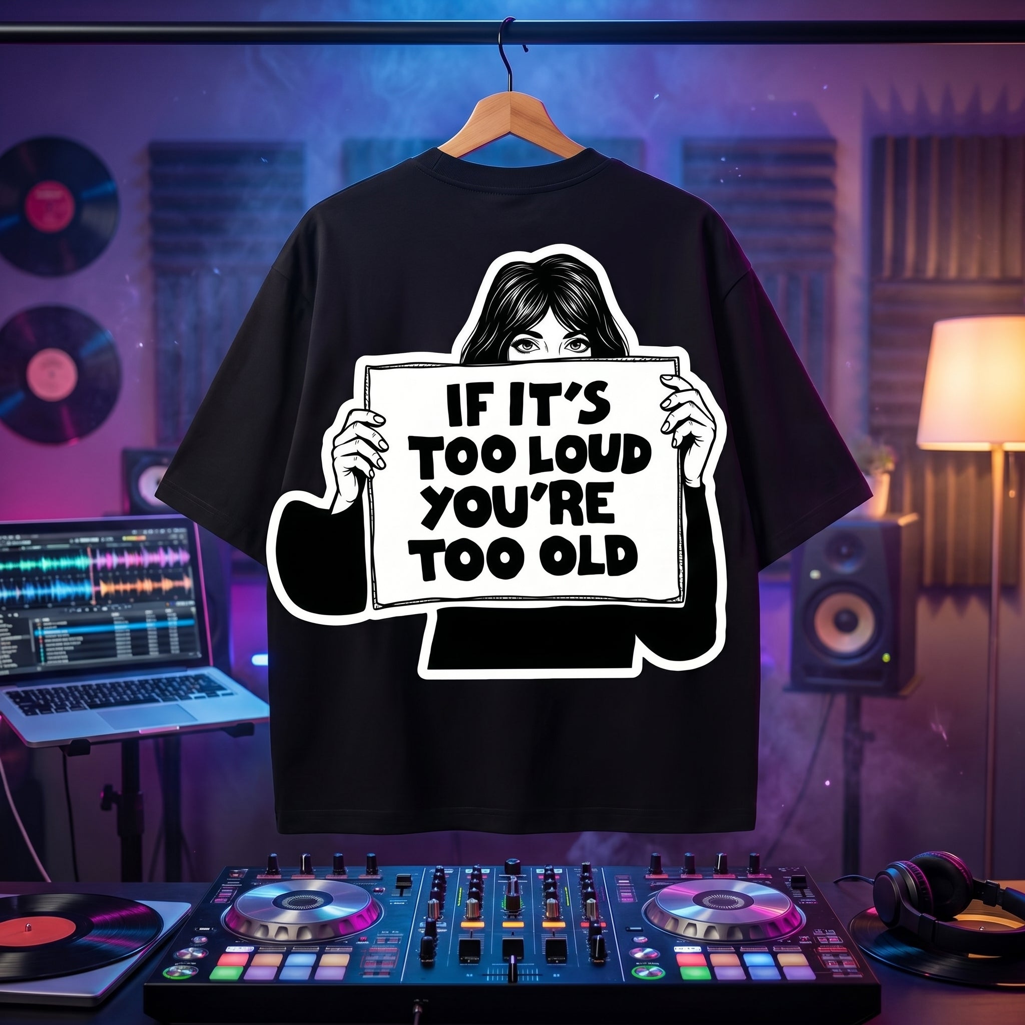 "Too Loud Too Old" funny DJ quote on a black oversized cotton tee.