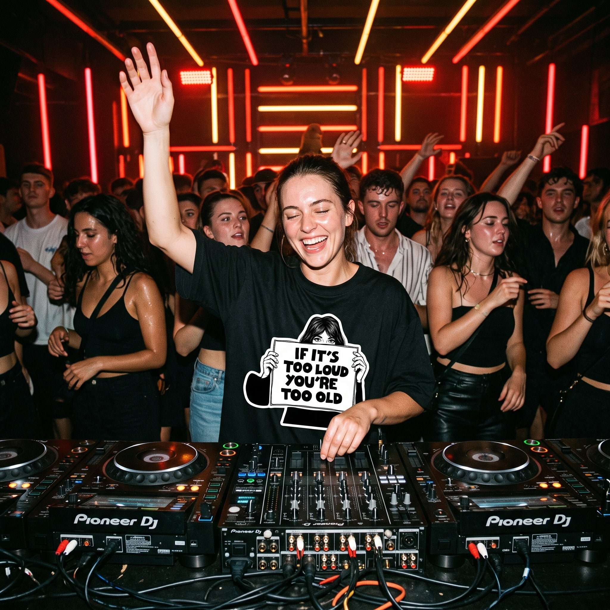 Female DJ wearing If It's Too Loud You're Too Old oversized t-shirt mixing on decks with energetic crowd under red lights