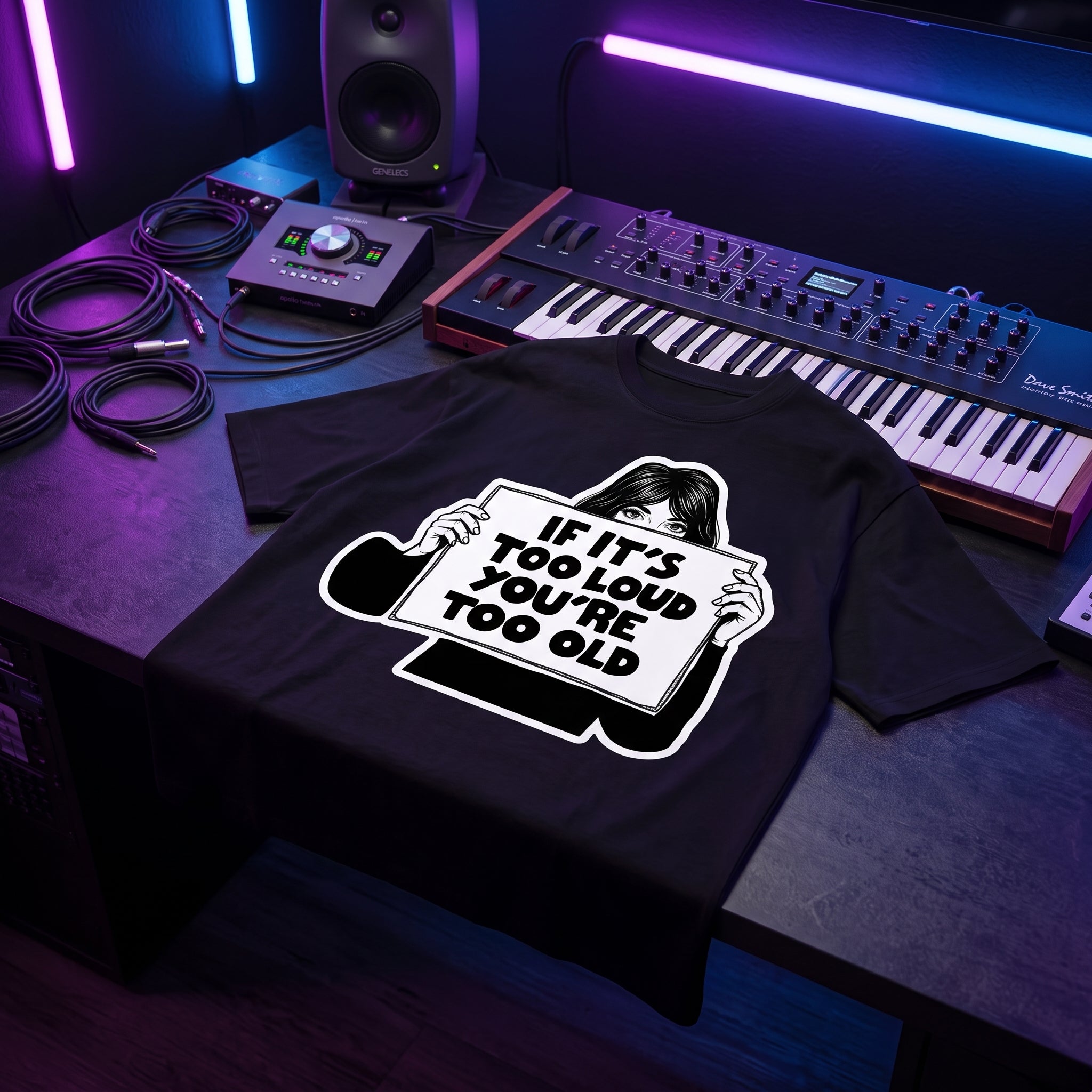 Black oversized DJ t-shirt with If It's Too Loud You're Too Old graphic laid flat under neon purple and blue studio lighting