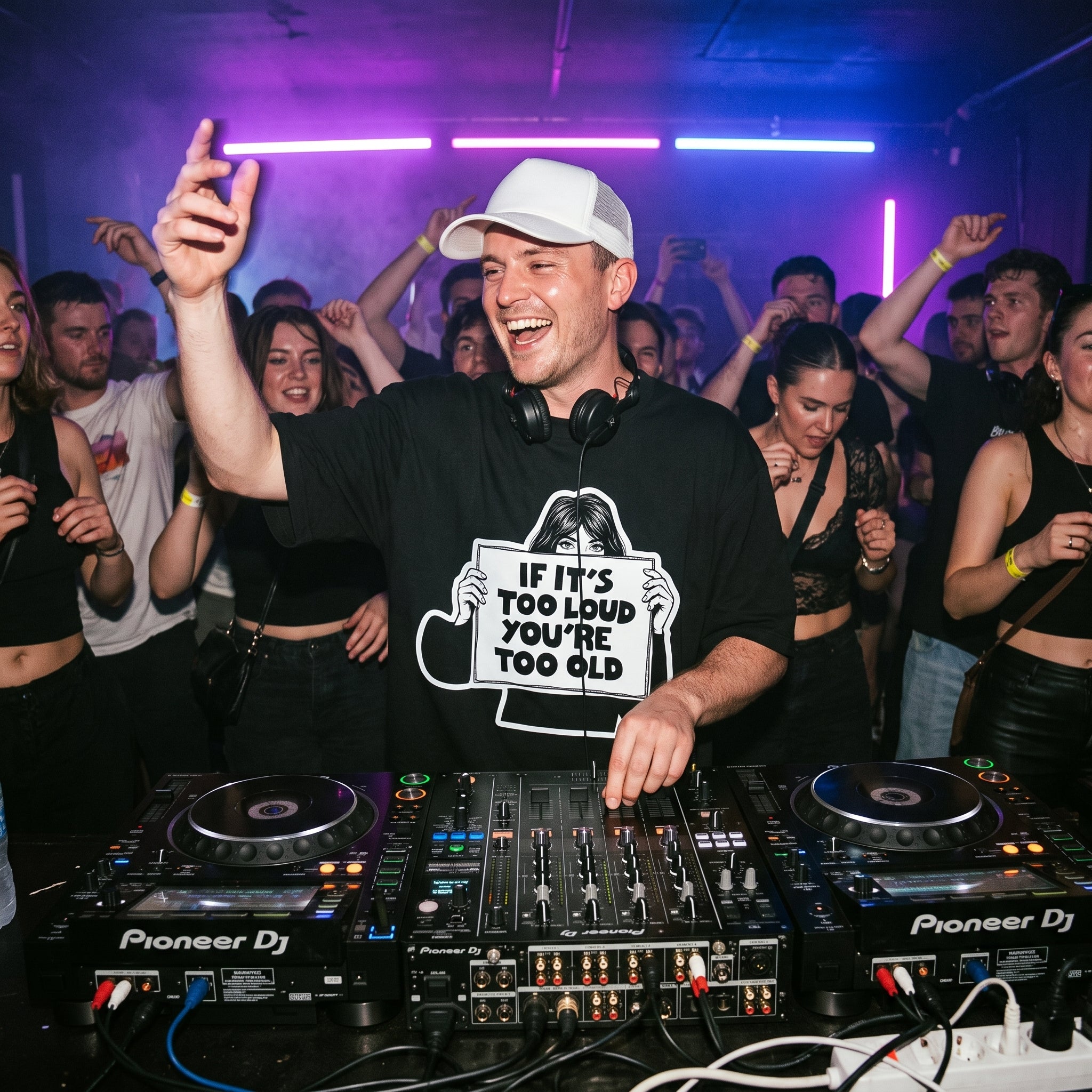 DJ wearing If It's Too Loud You're Too Old oversized t-shirt performing on Pioneer decks in front of cheering club crowd