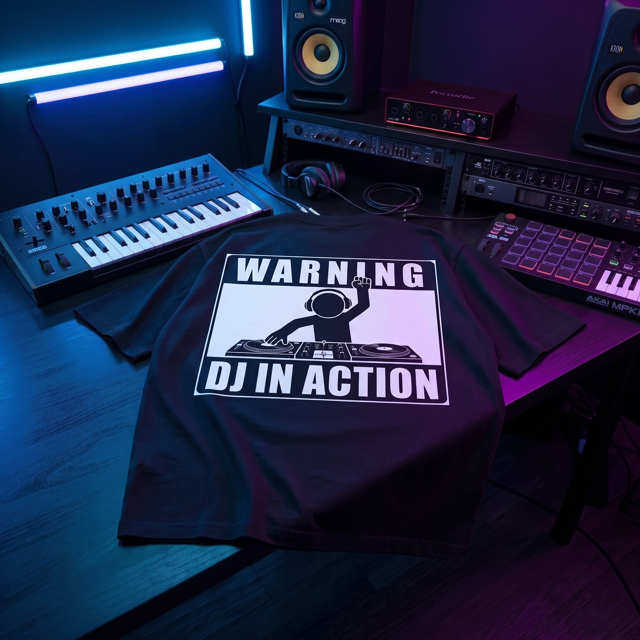 Warning DJ In Action Black Oversized T-Shirt flat lay on music studio desk with synth