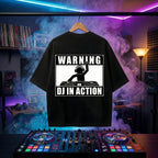 All-black edition of the "Warning: DJ In Action" oversized graphic t-shirt.