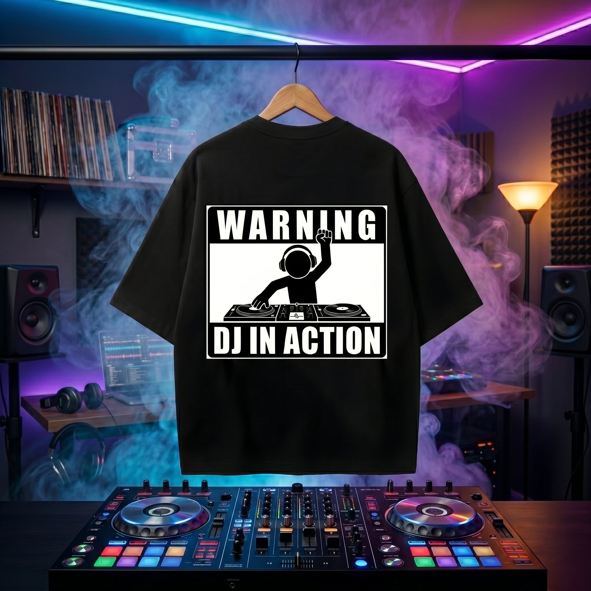 All-black edition of the "Warning: DJ In Action" oversized graphic t-shirt.