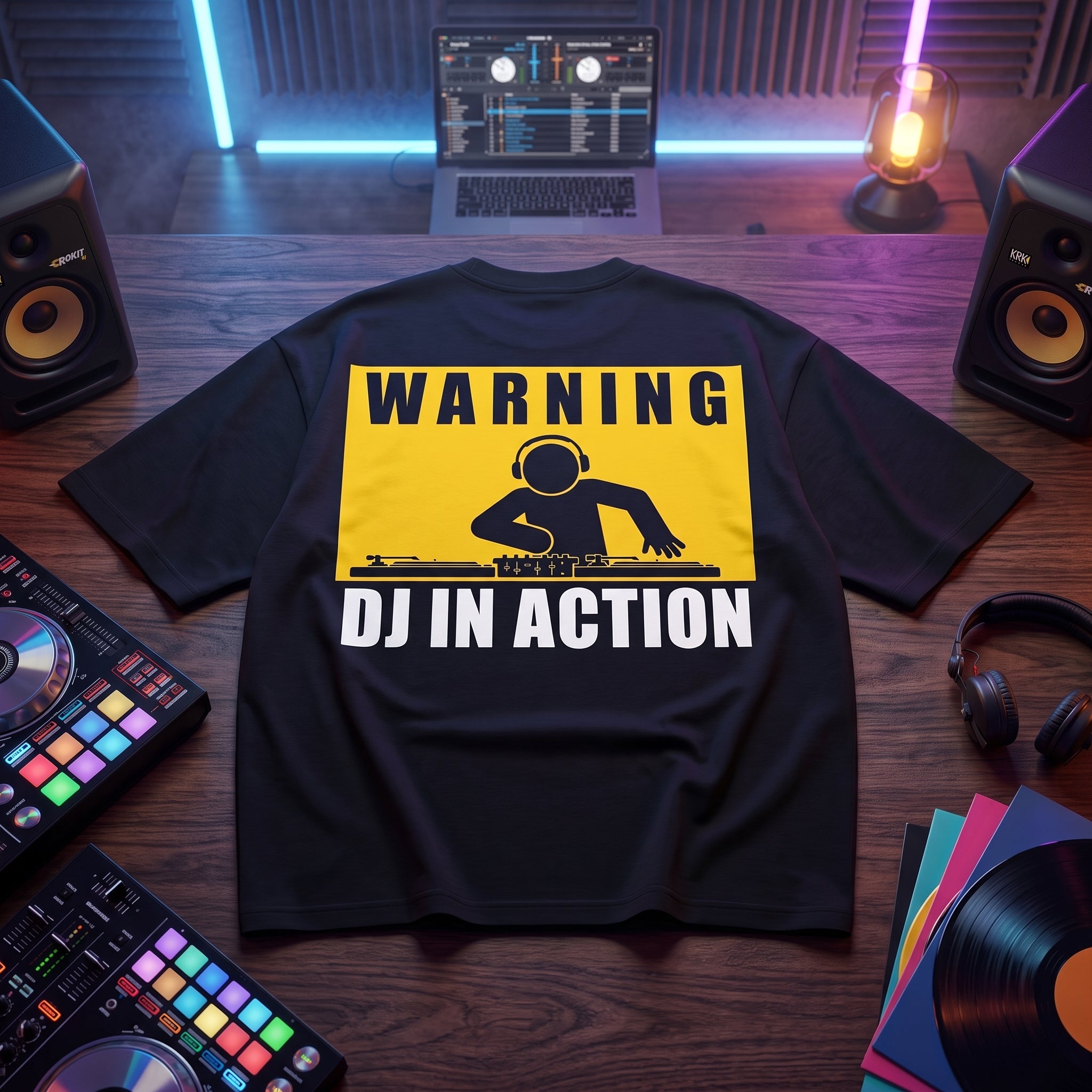 Black oversized t-shirt with Warning DJ In Action graphic print, flat lay on wooden desk with DJ controller and vinyl records
