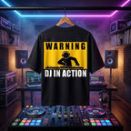 Bold "Warning: DJ In Action" print on an oversized black club t-shirt.