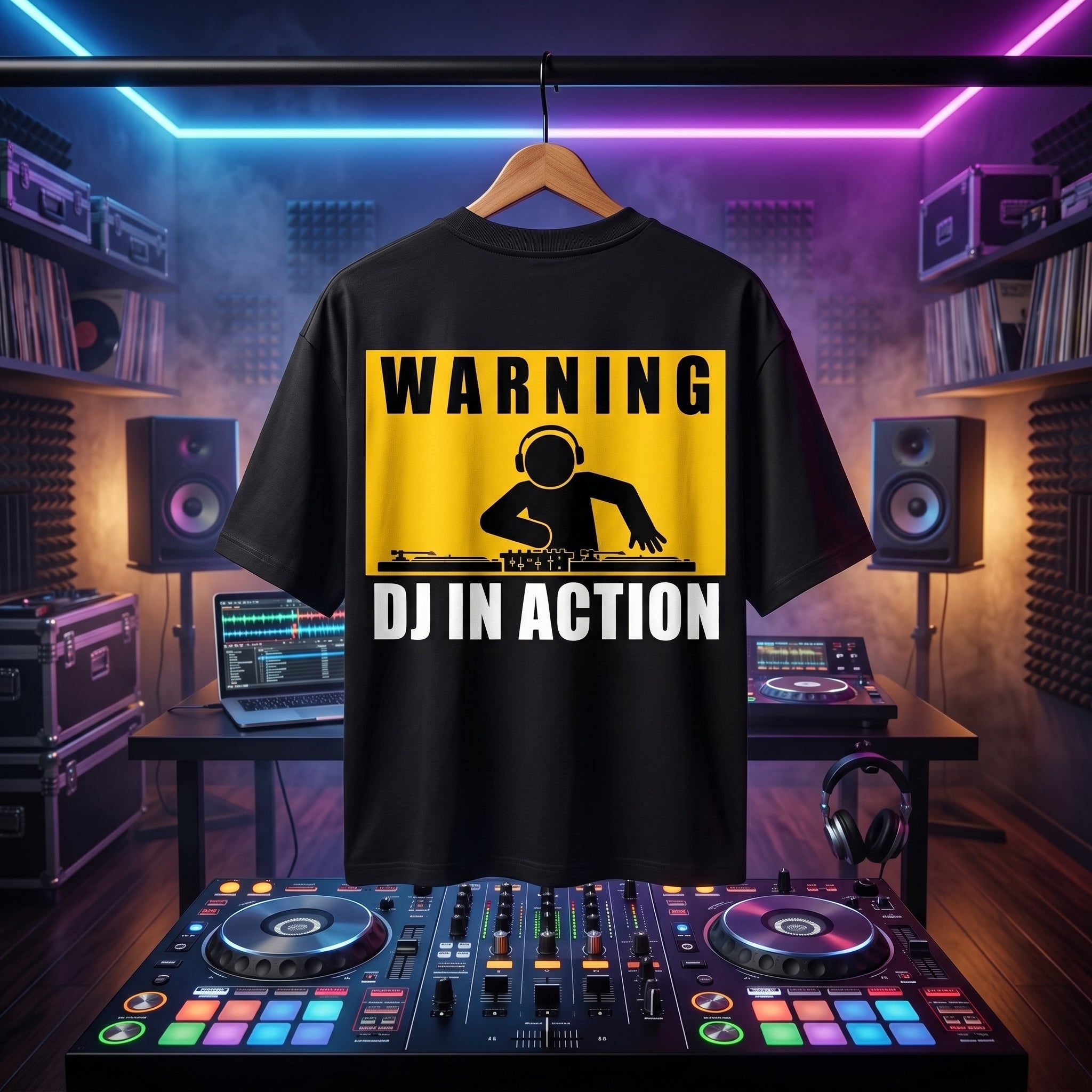 Bold "Warning: DJ In Action" print on an oversized black club t-shirt.
