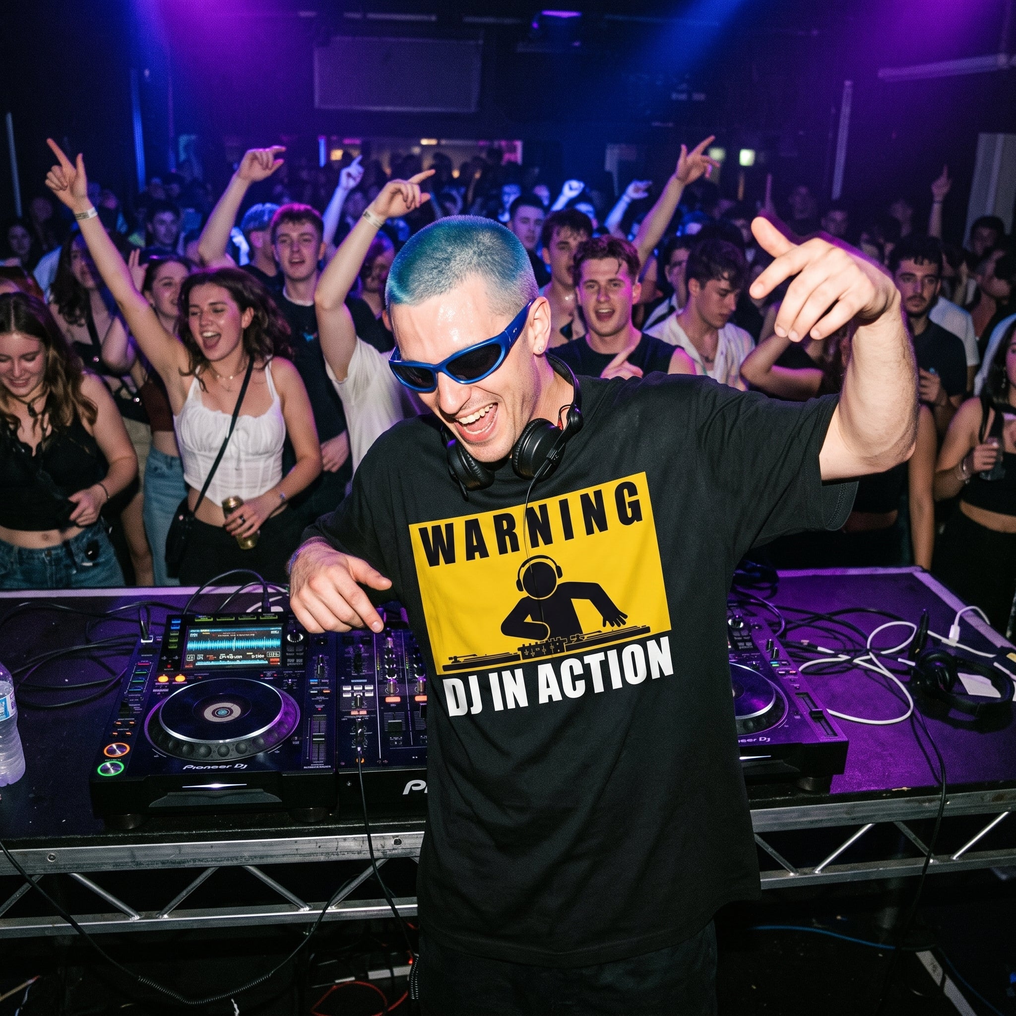 DJ with blue hair and sunglasses wearing Warning DJ In Action oversized black t-shirt performing at nightclub